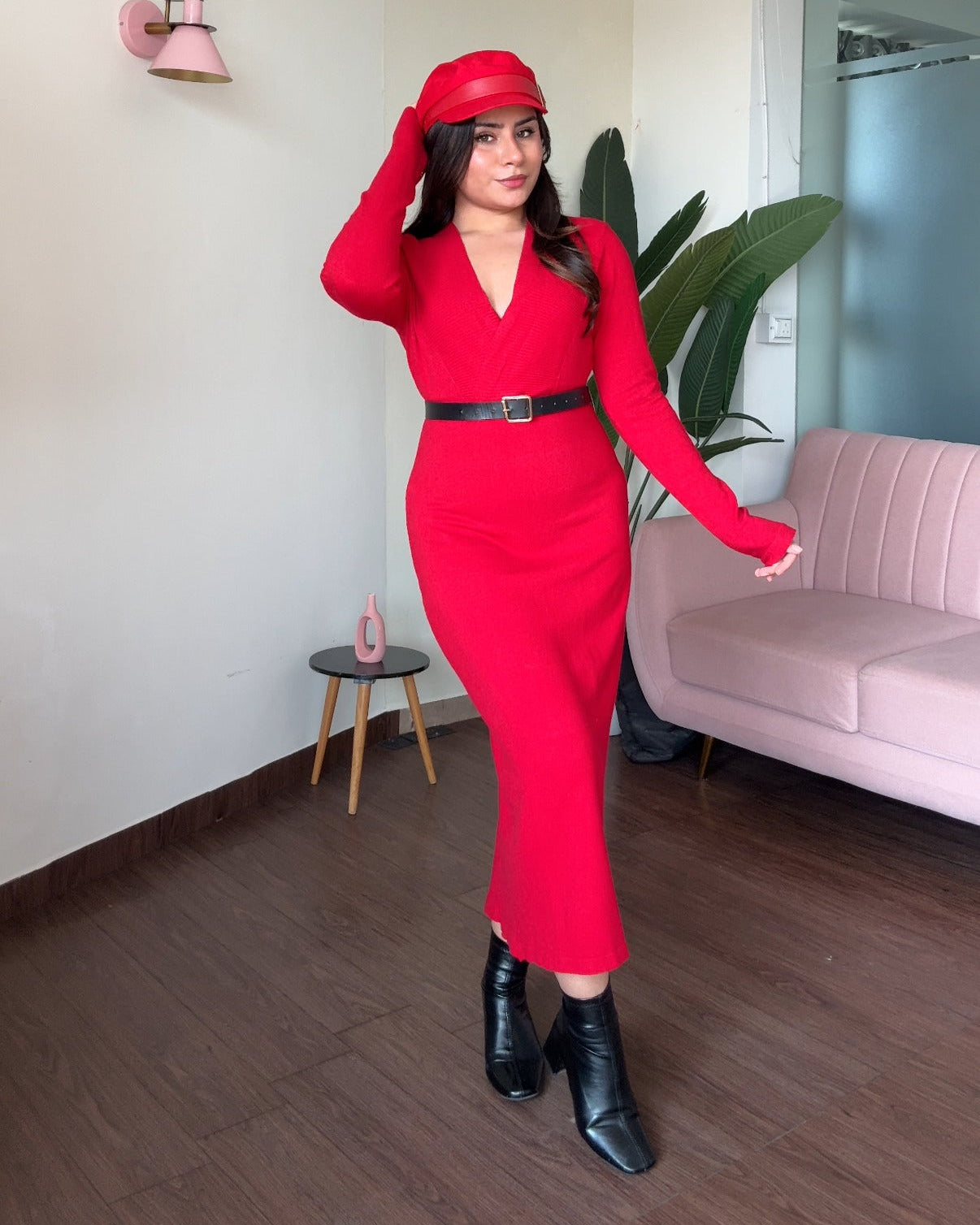 V Neck Woollen Bodycon Midi Sweater Dress