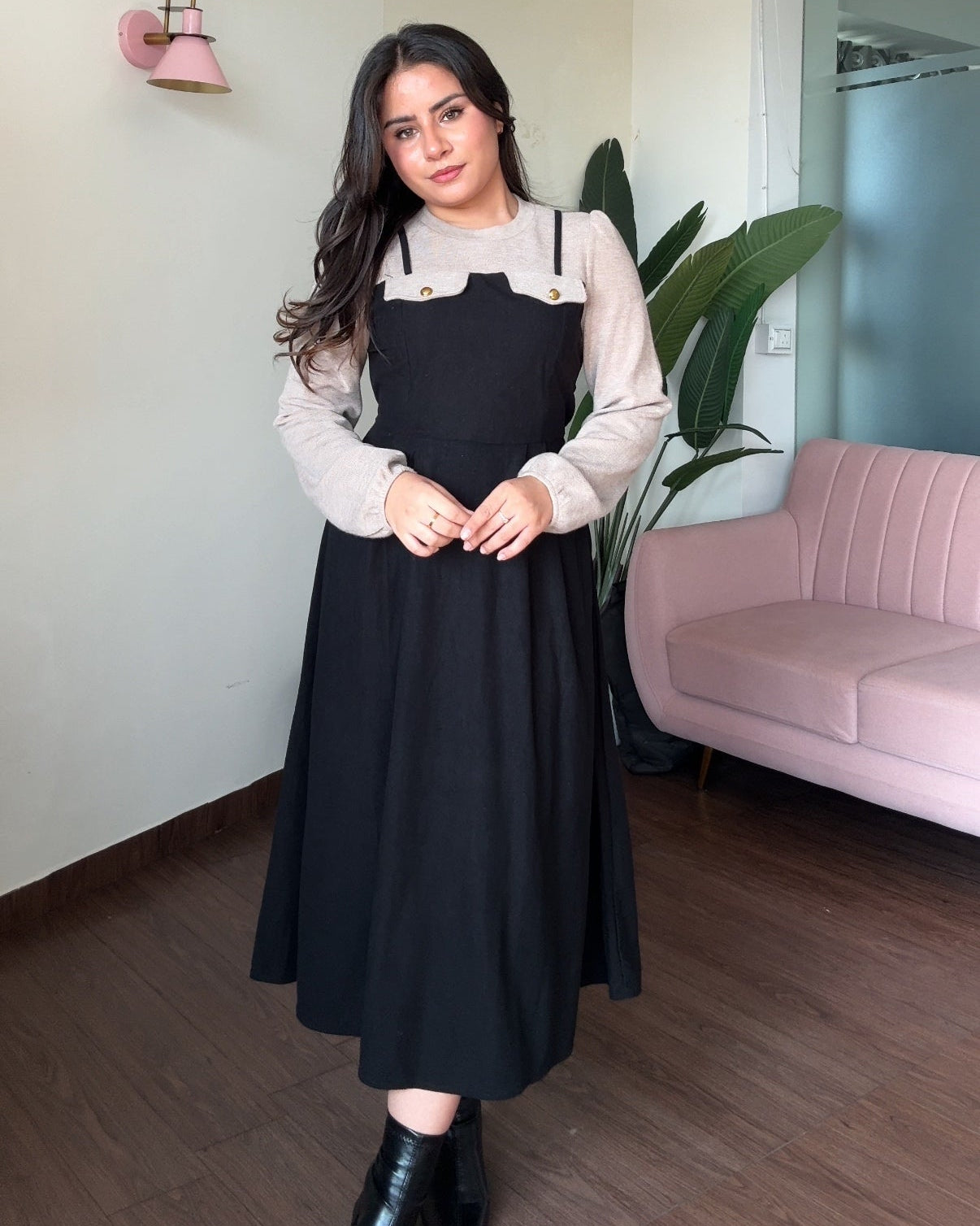 Dual-Tone Flared Sweater Midi Dress