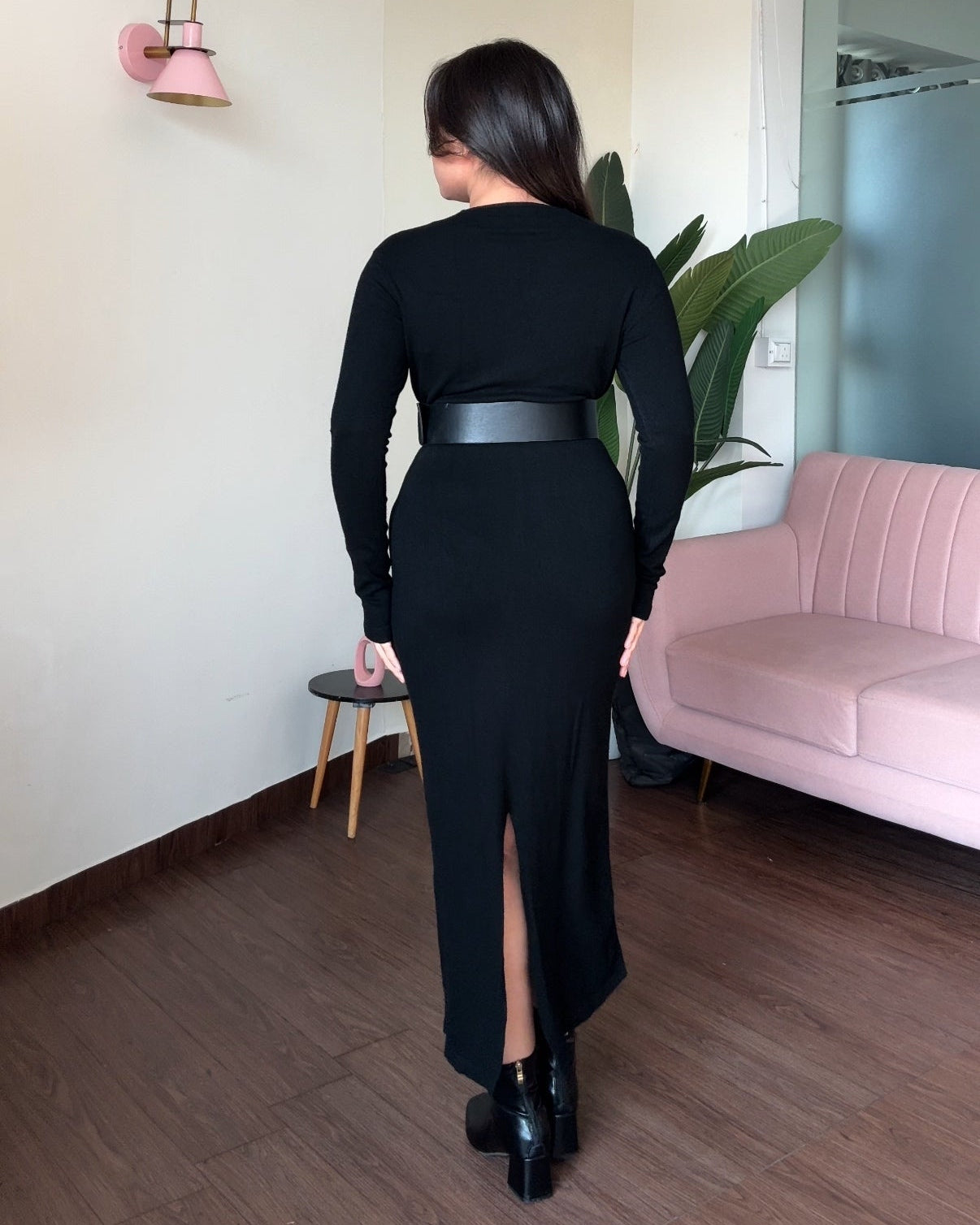 V-Neck Woollen Bodycon Midi Sweater Dress