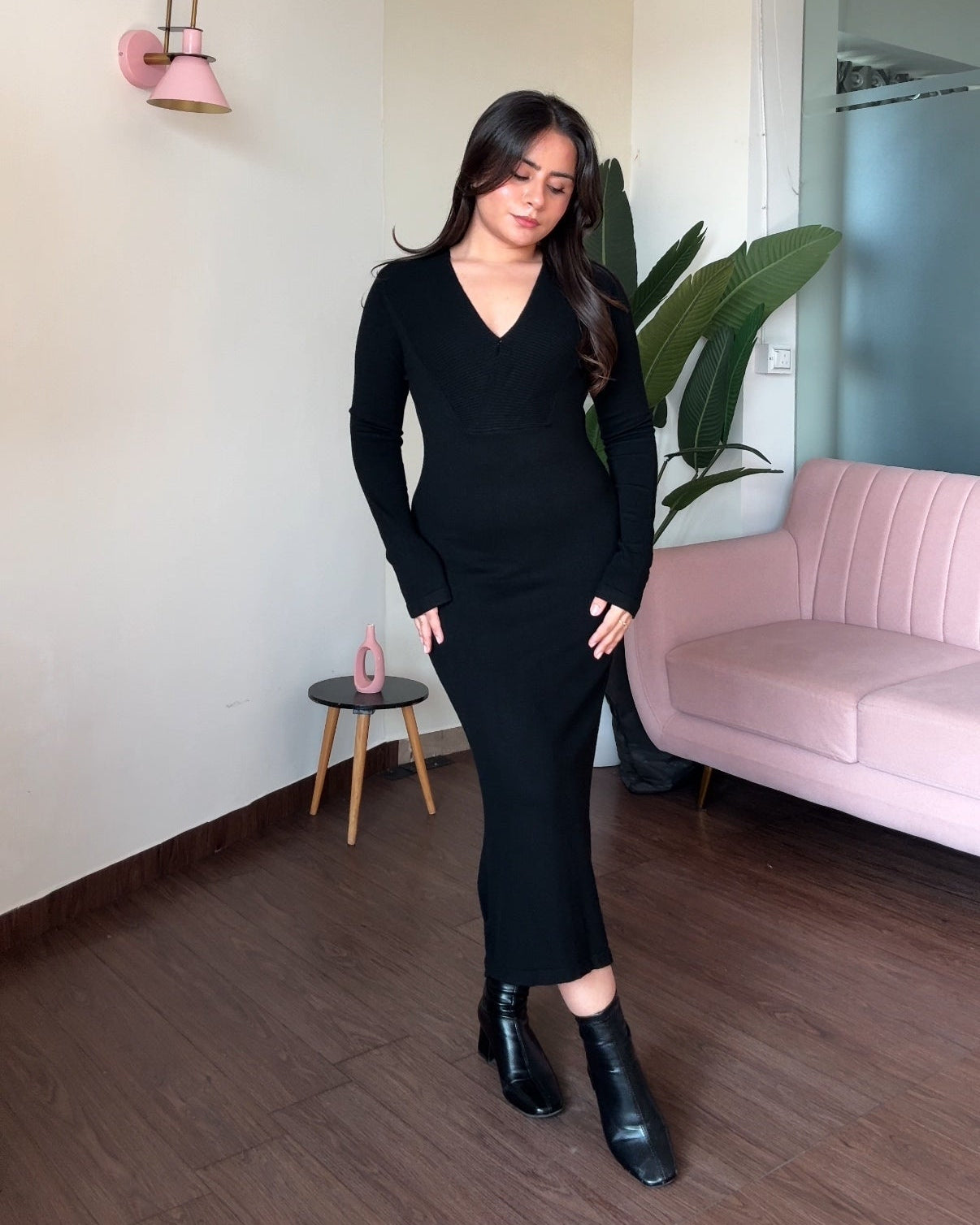 V Neck Woollen Bodycon Midi Sweater Dress