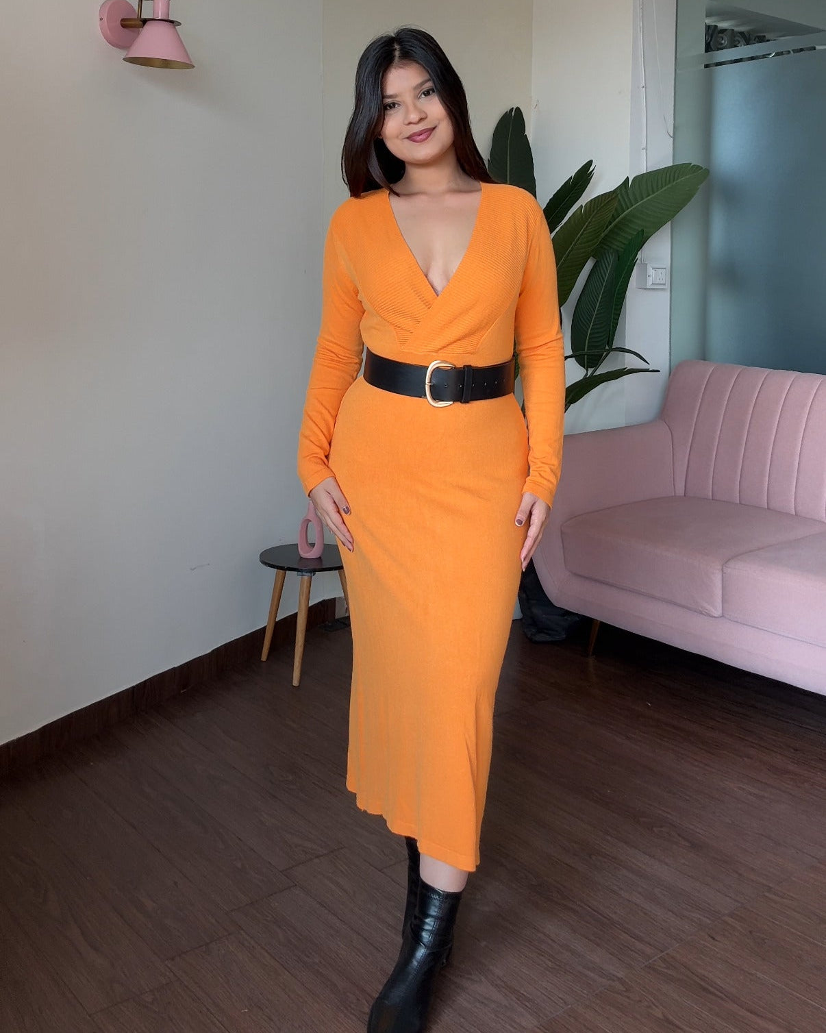 V Neck Woollen Bodycon Midi Sweater Dress