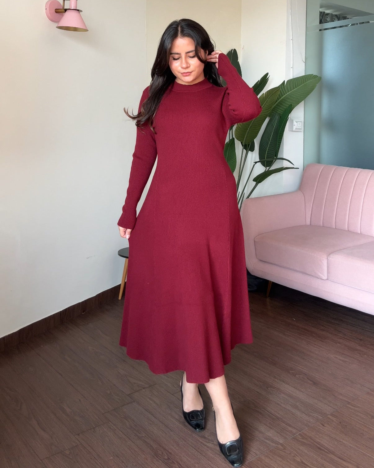 Knitted Heavy Fit And Flared Midi Sweater Dress