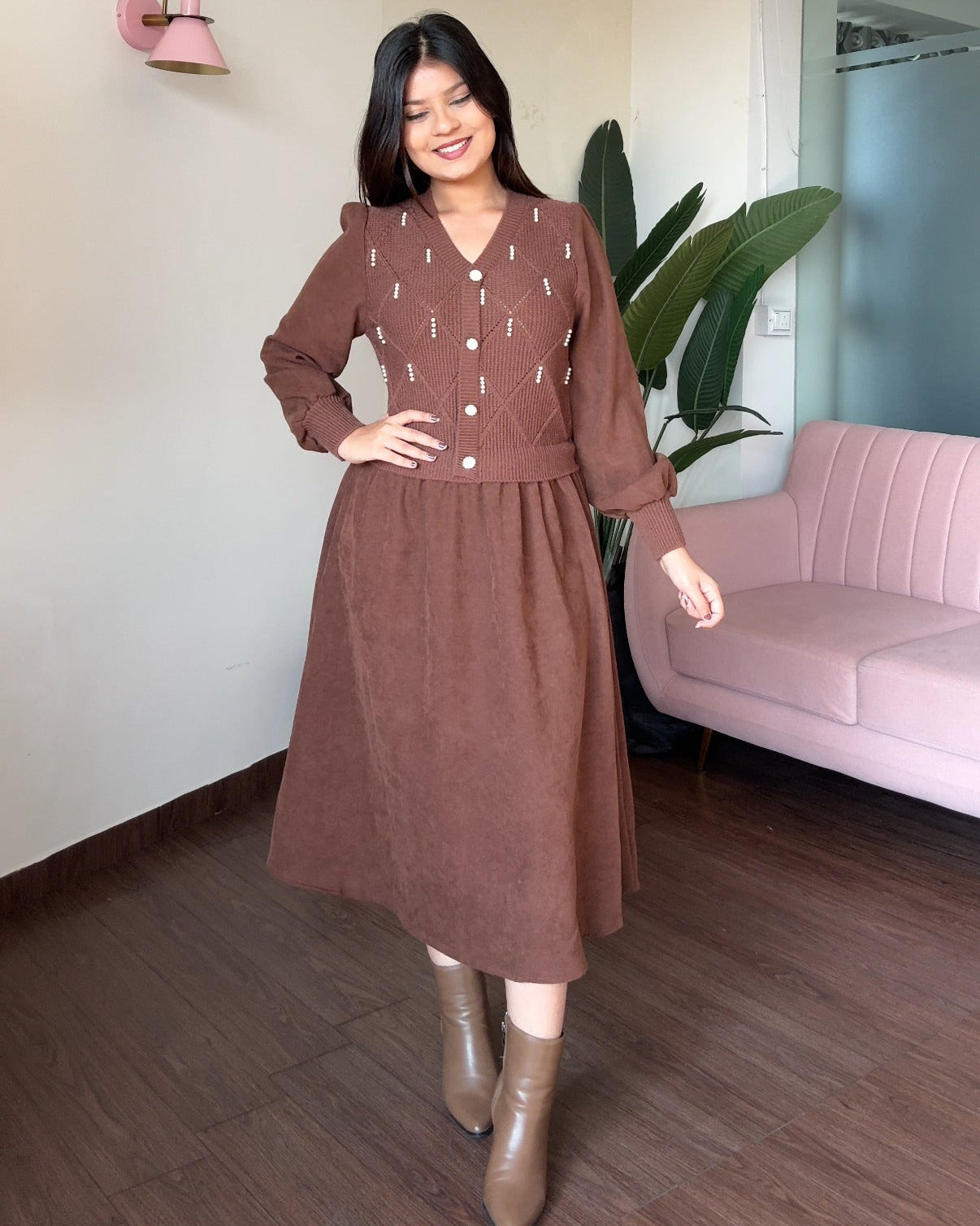 Pearl Detailing Vest-Style Flared Winter Dress