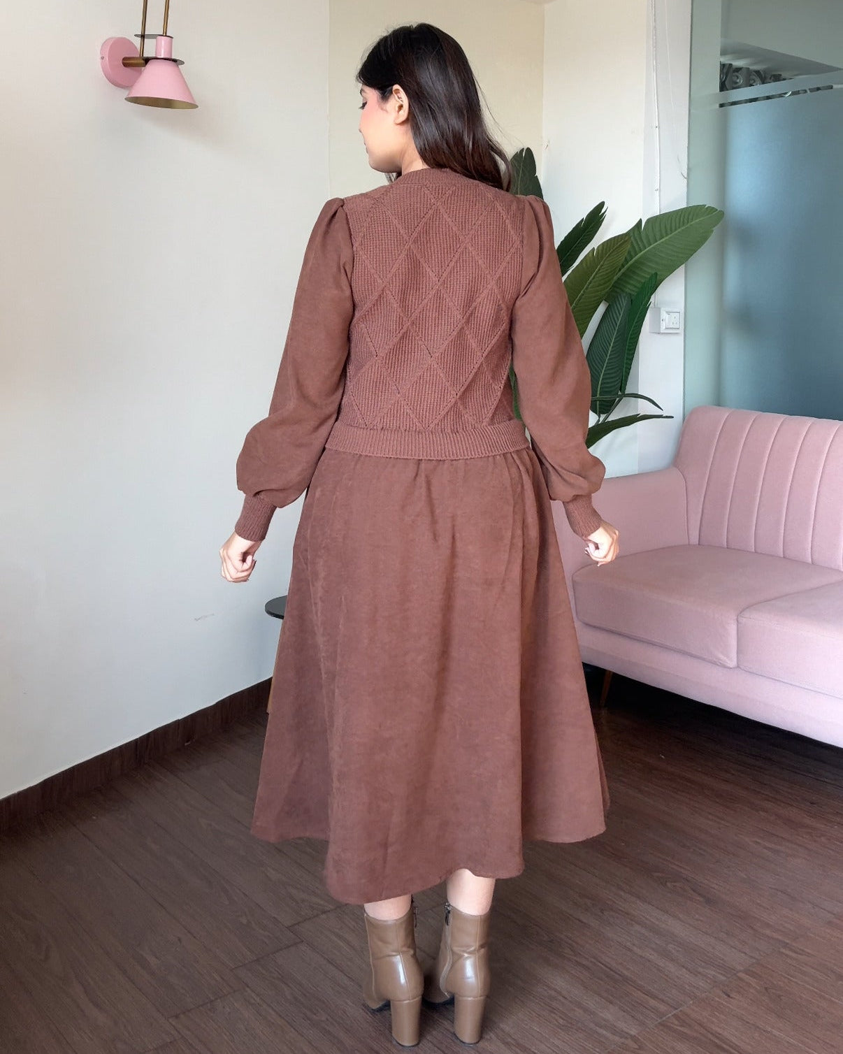 Pearl Detailing Vest-Style Flared Winter Dress