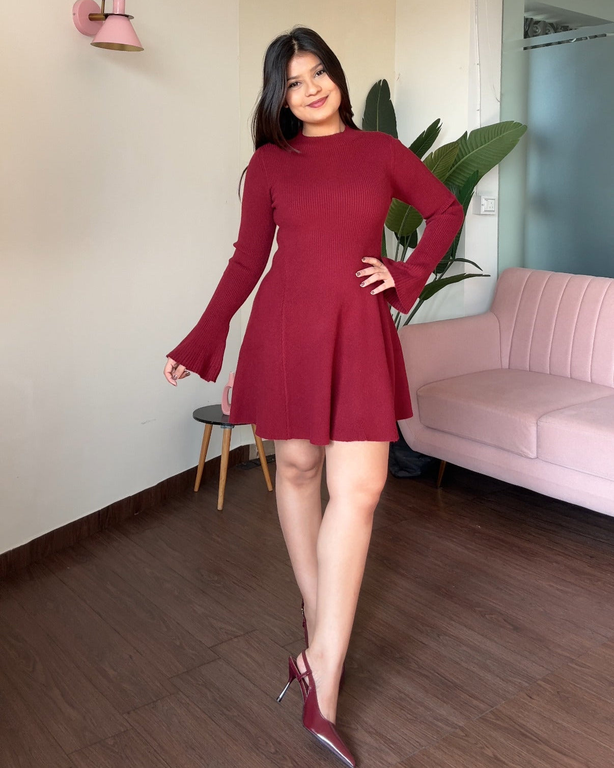 High Neck Fit And Flared Bell Sleeve Mini Sweater Dress