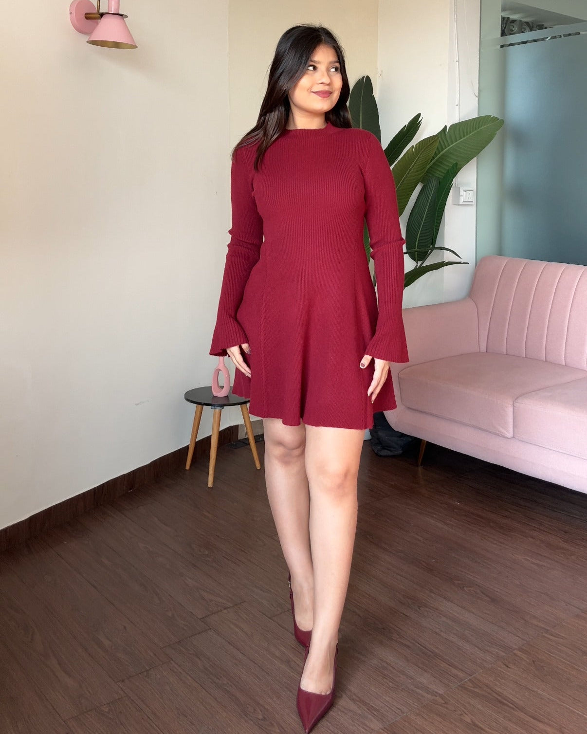 High Neck Fit And Flared Bell Sleeve Mini Sweater Dress