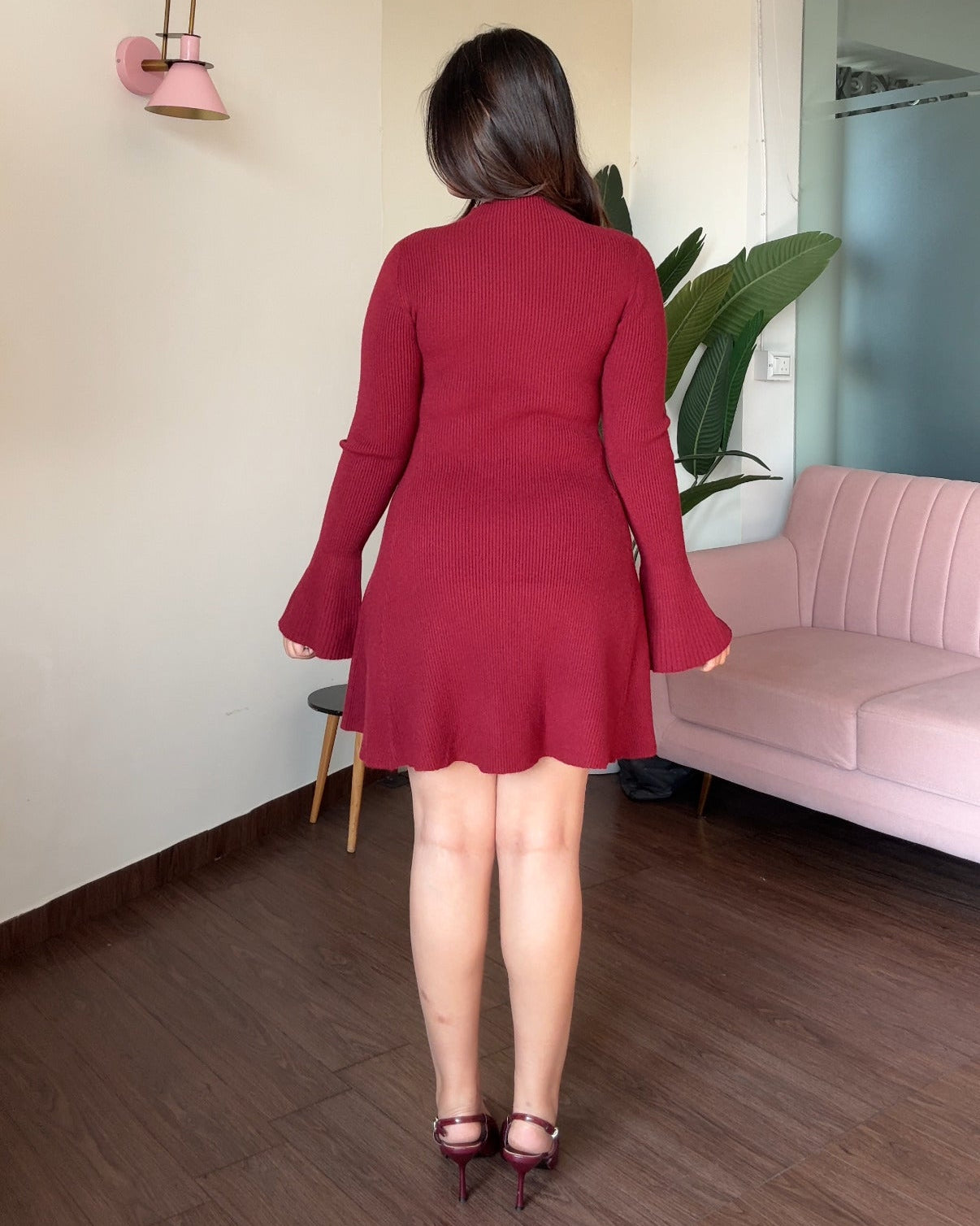 High Neck Fit And Flared Bell Sleeve Mini Sweater Dress