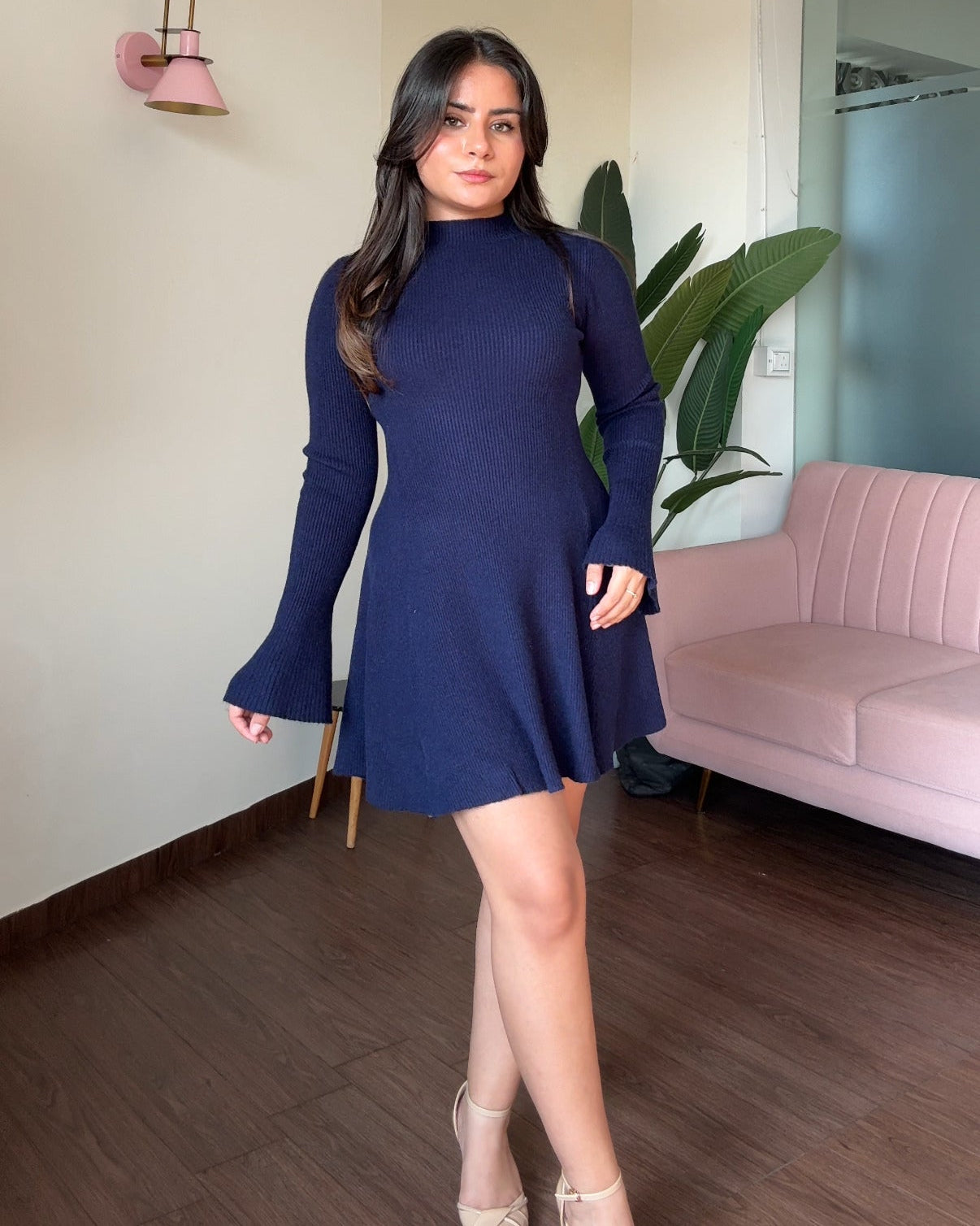High Neck Fit And Flared Bell Sleeve Mini Sweater Dress