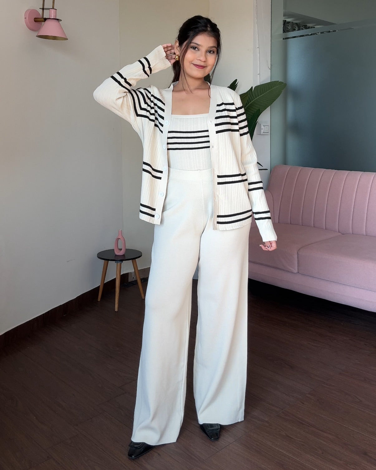 3-Piece Knitted Striped Cardigan Co-ord Set