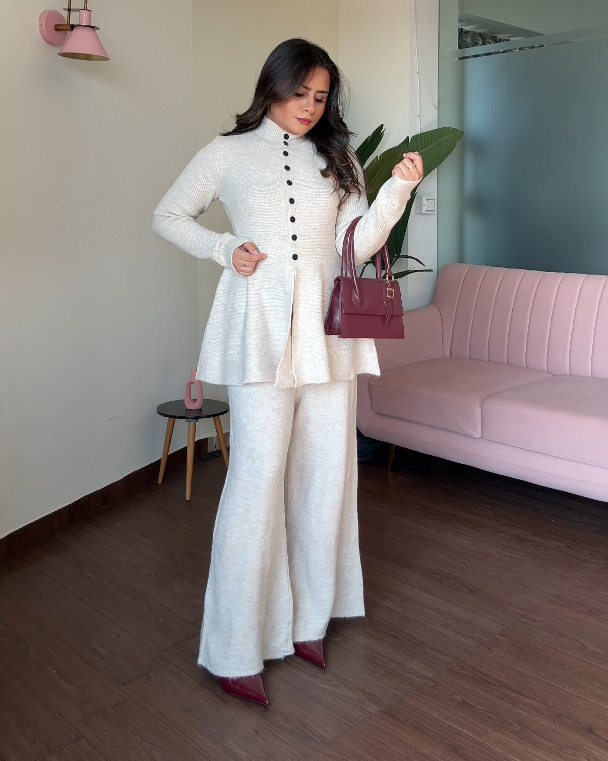 Woollen High Neck Button Up Peplum Detailing Co-ord set