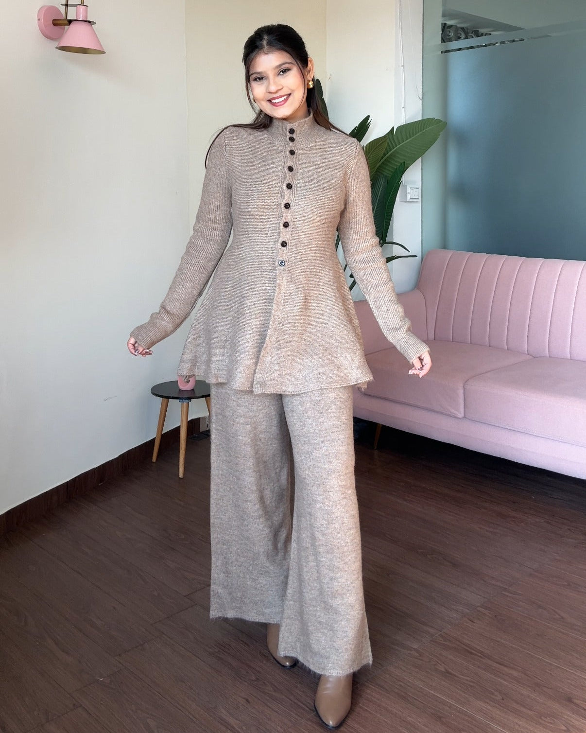 Woollen High Neck Button Up Peplum Detailing Co-ord set