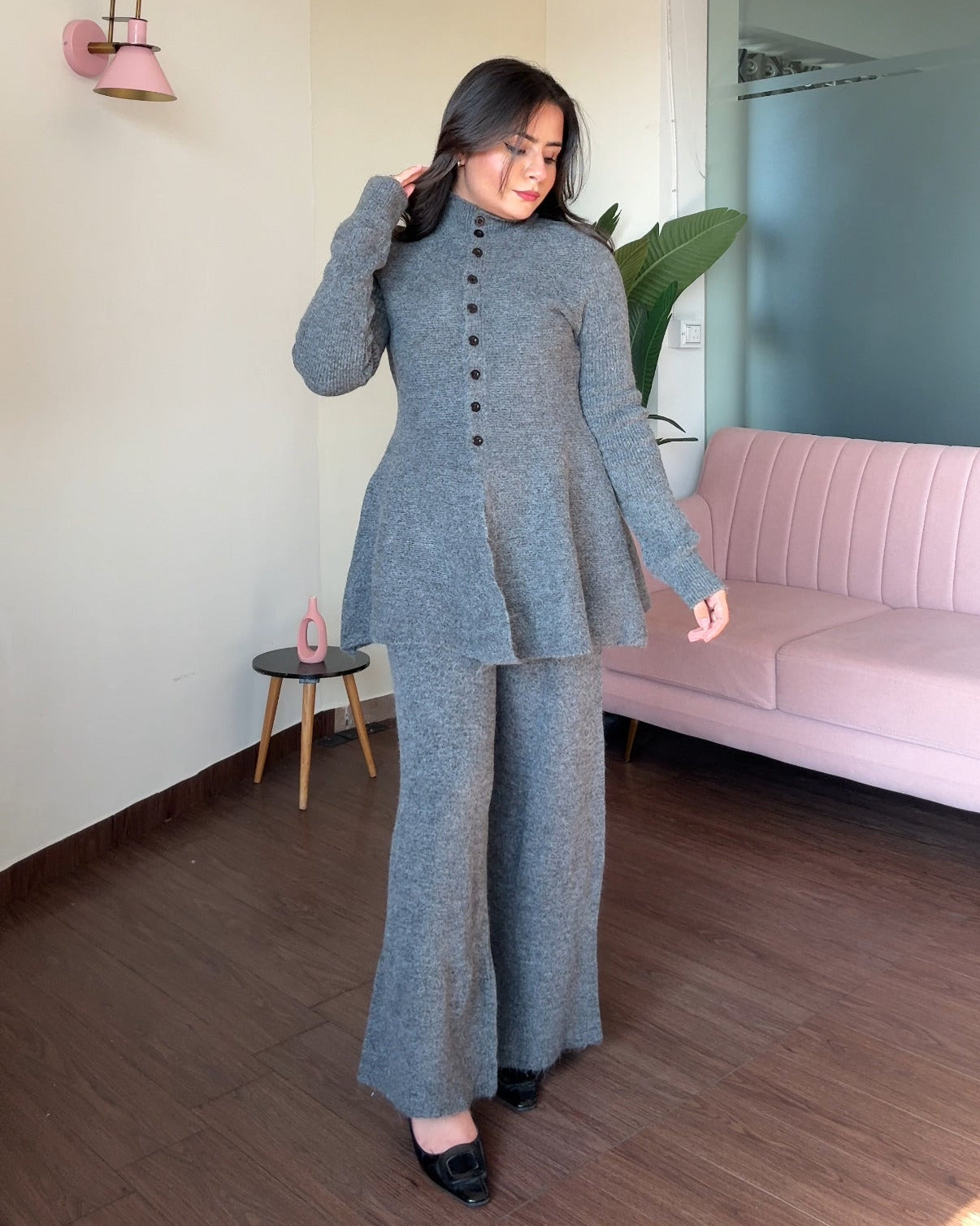 Woollen High Neck Button Up Peplum Detailing Co-ord set