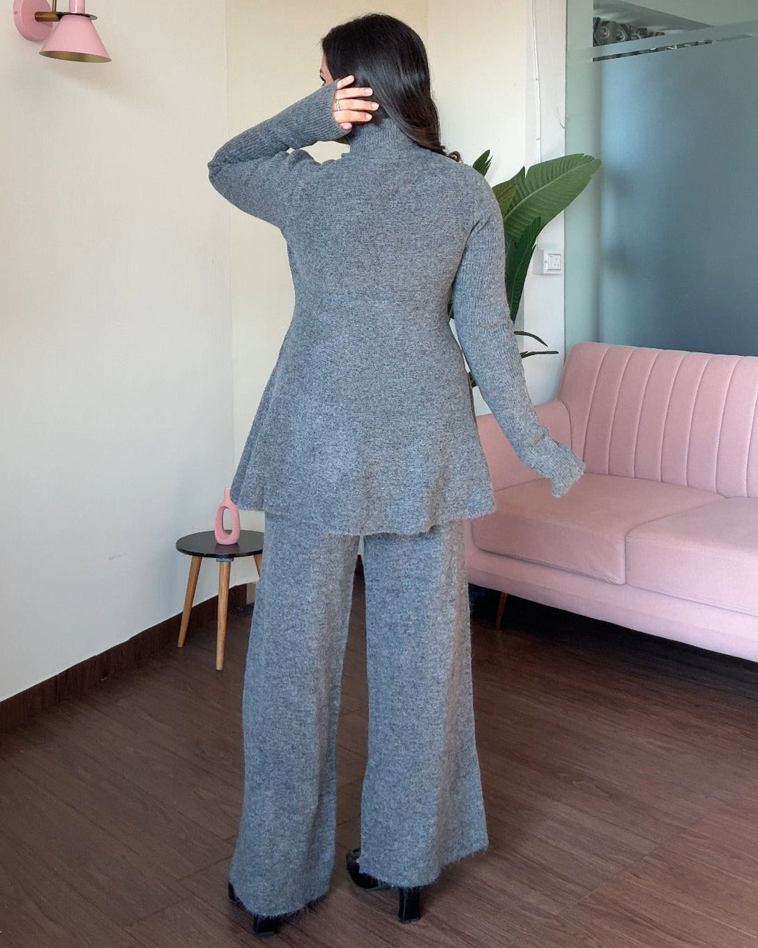 Woollen High Neck Button Up Peplum Detailing Co-ord set