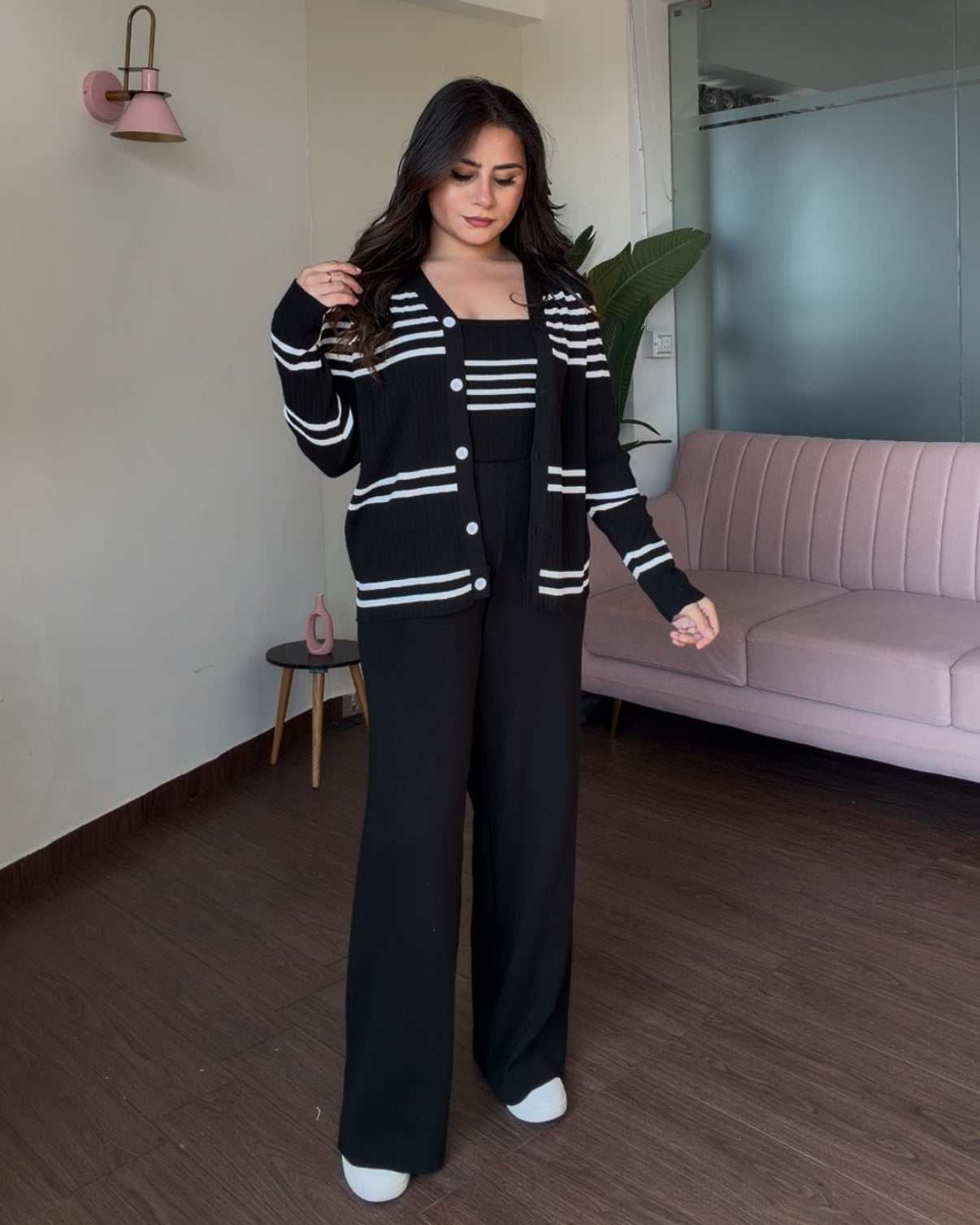3-Piece Knitted Striped Cardigan Co-ord Set