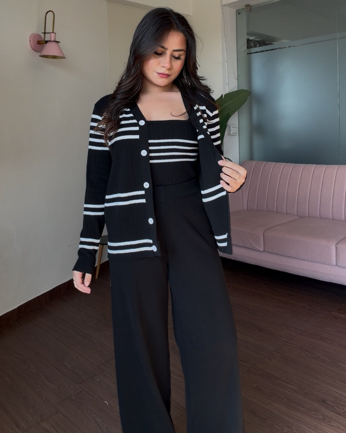 3-Piece Knitted Striped Cardigan Co-ord Set