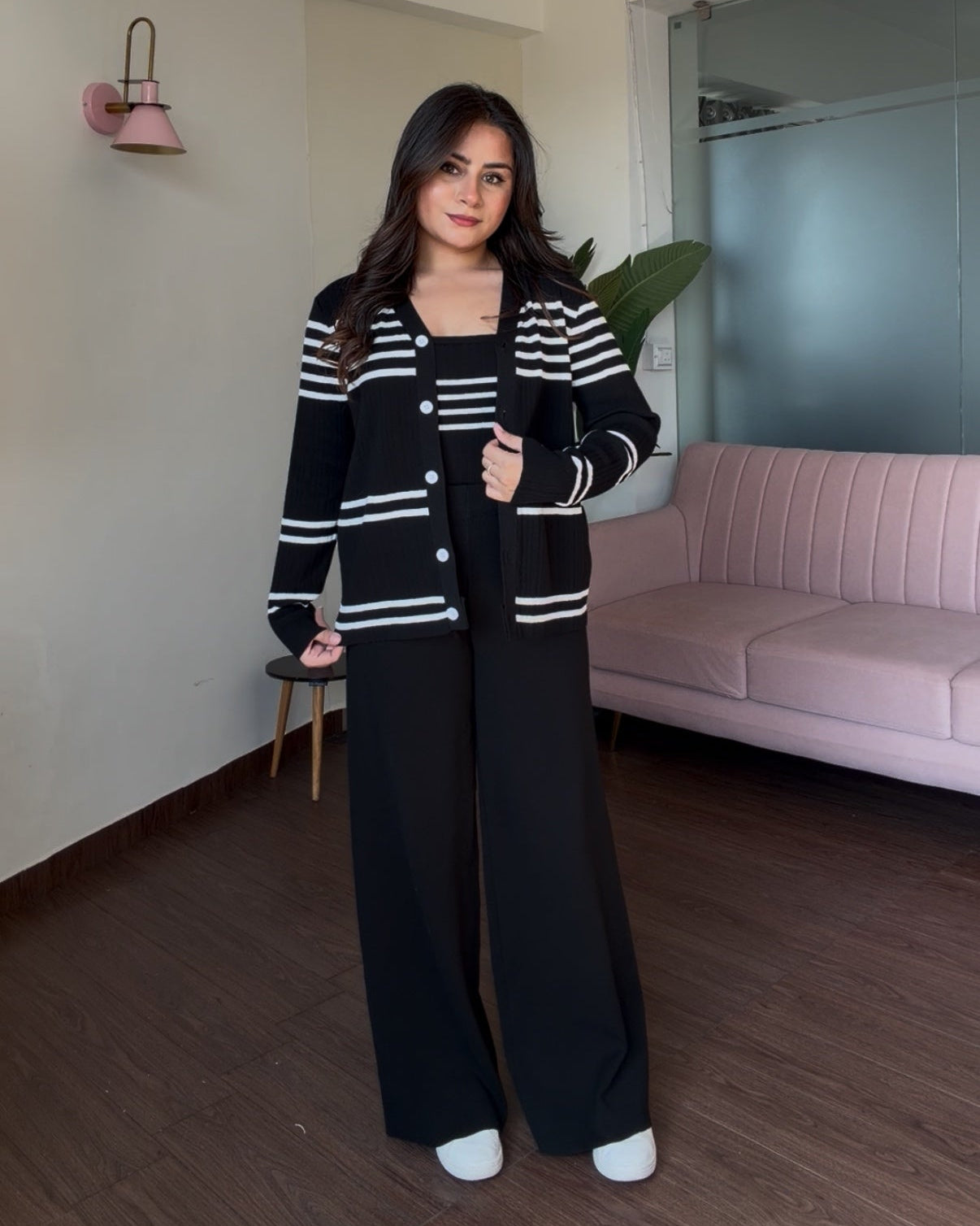 3-Piece Knitted Striped Cardigan Co-ord Set