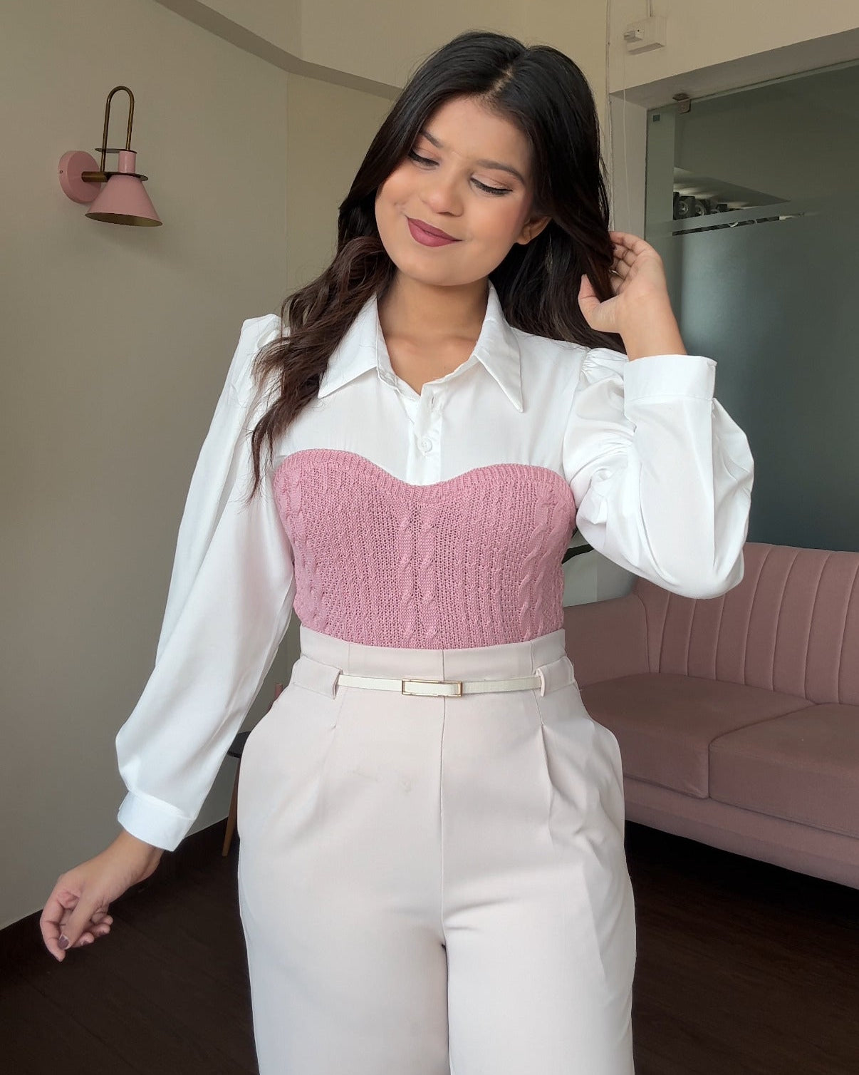 Korean Polo Full-Sleeve Shirt With Textured Bustier