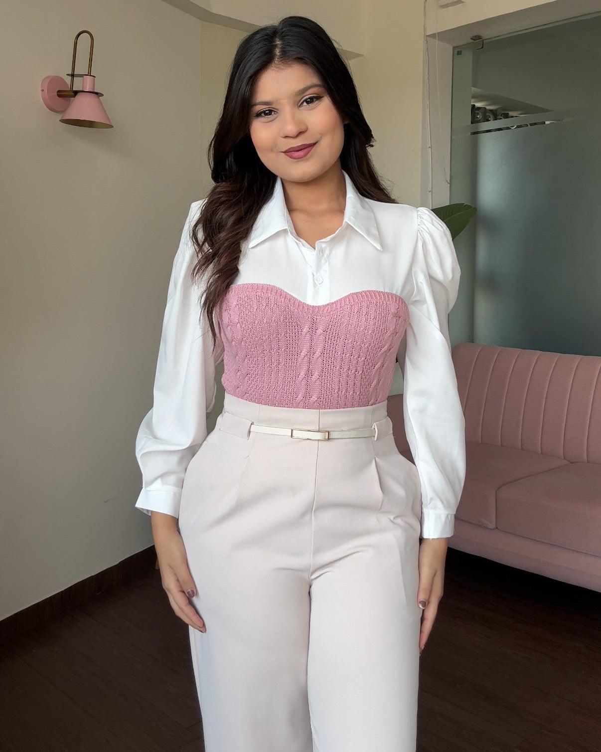 Korean Polo Full-Sleeve Shirt With Textured Bustier