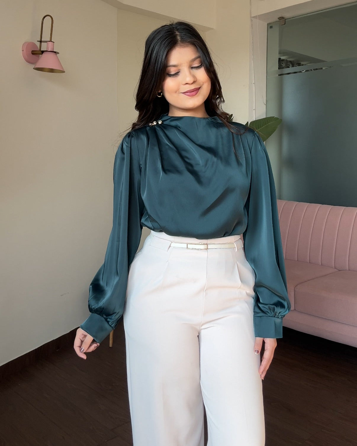 Full Sleeve Golden Button Ruched Shoulder Detailing Top
