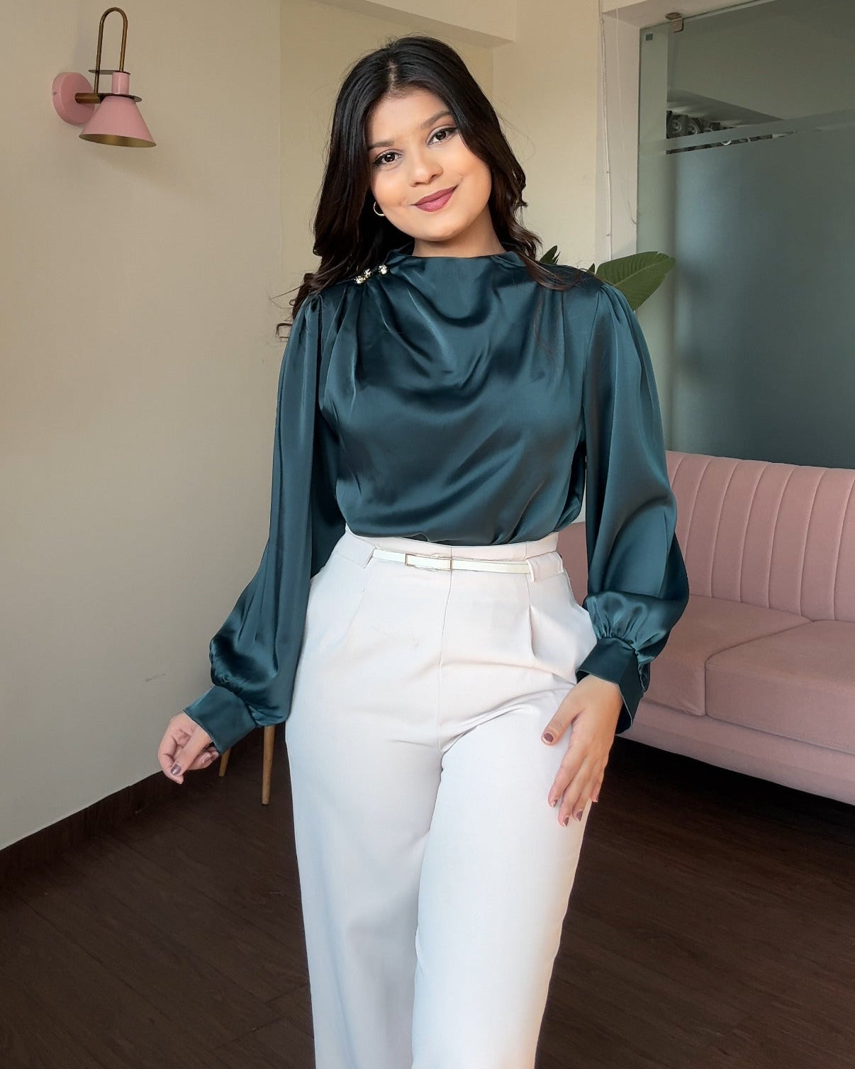 Full Sleeve Golden Button Ruched Shoulder Detailing Top