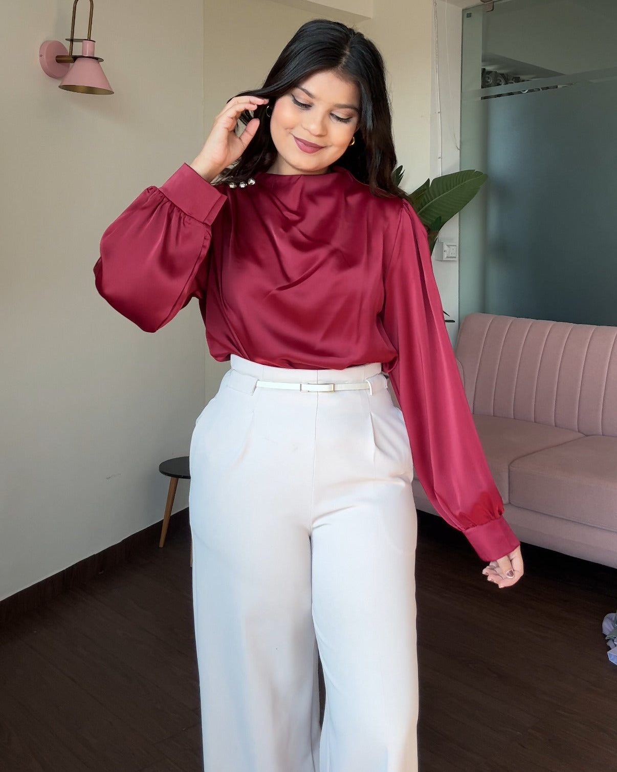 Full Sleeve Golden Button Ruched Shoulder Detailing Top