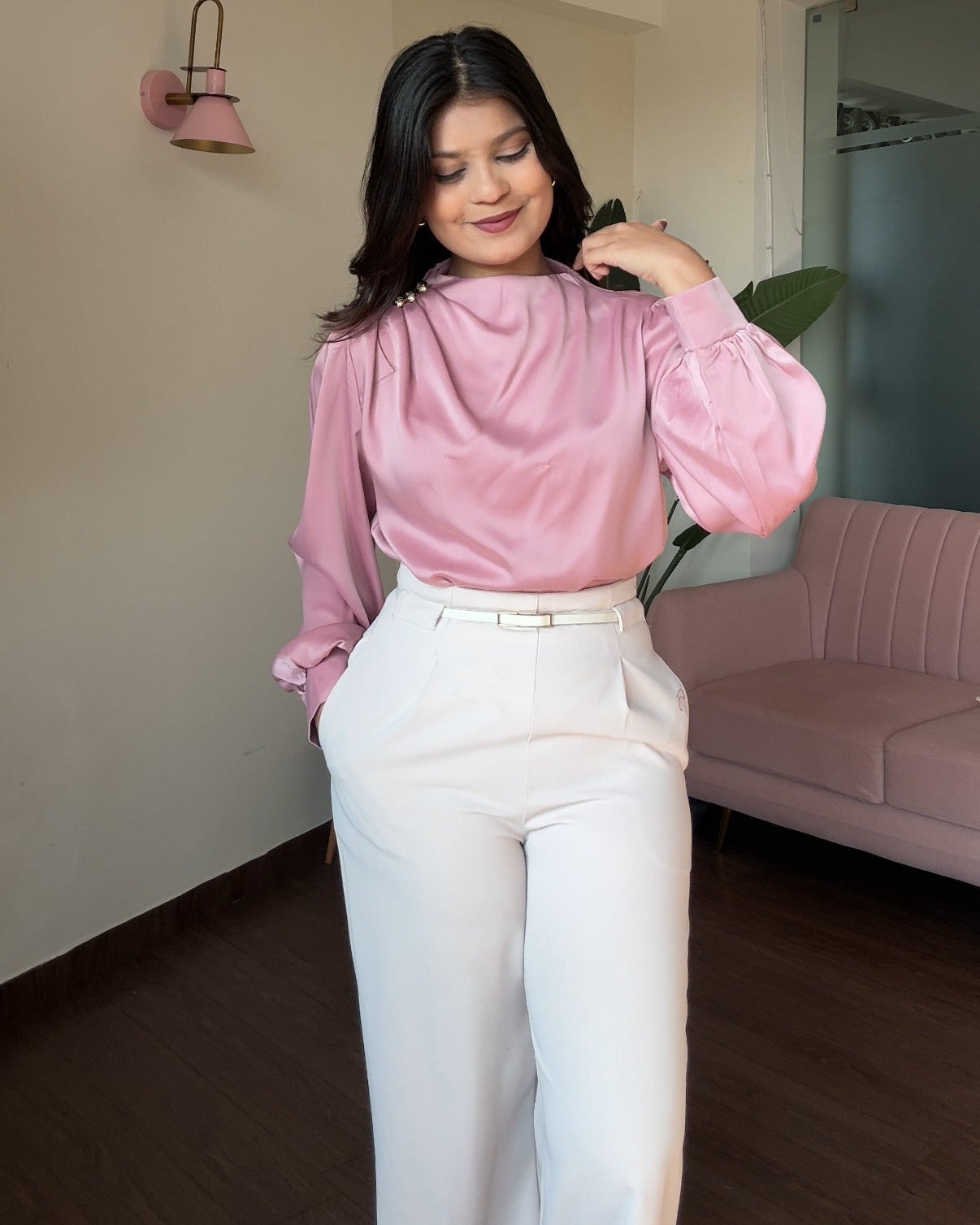 Full Sleeve Golden Button Ruched Shoulder Detailing Top