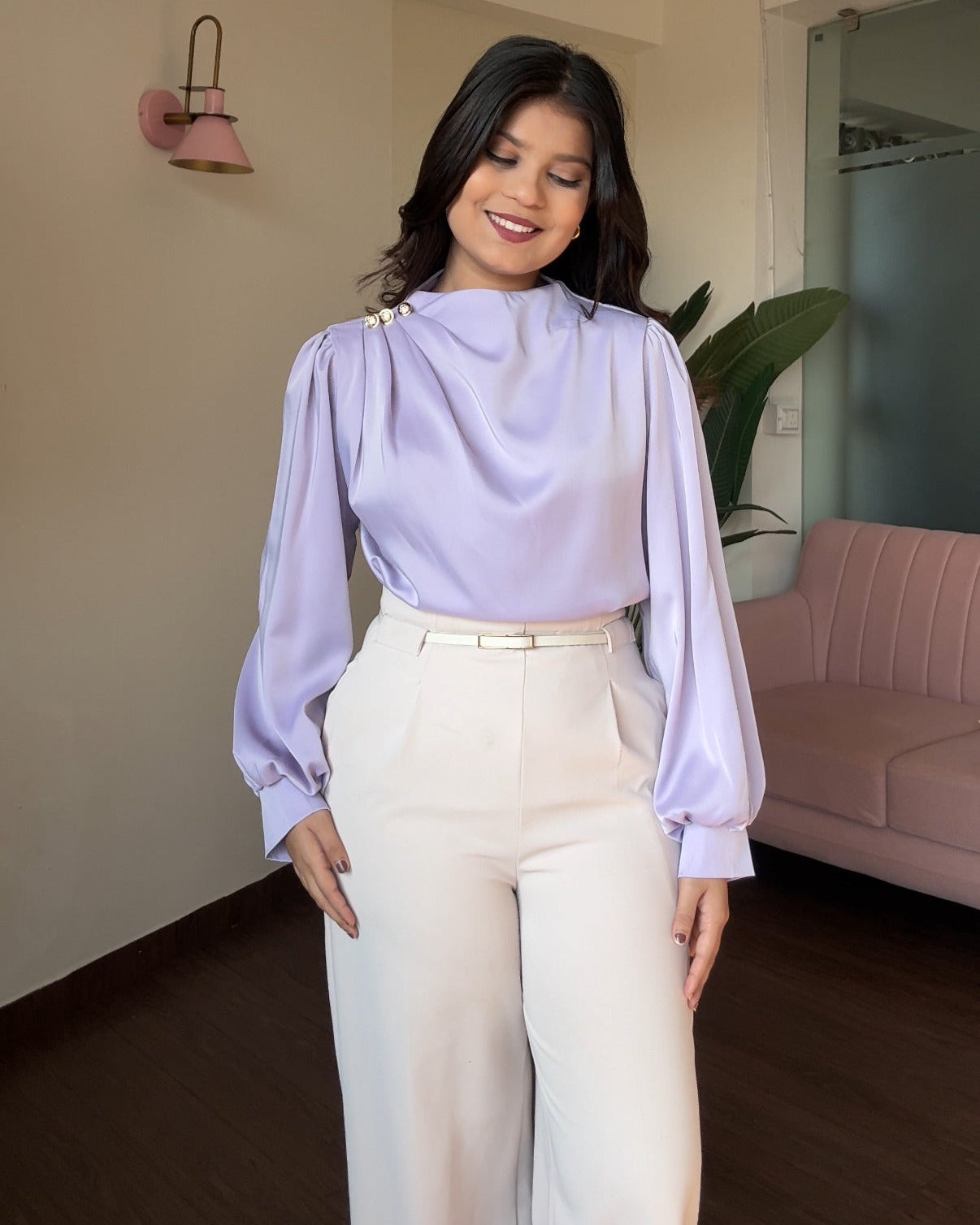 Full Sleeve Golden Button Ruched Shoulder Detailing Top