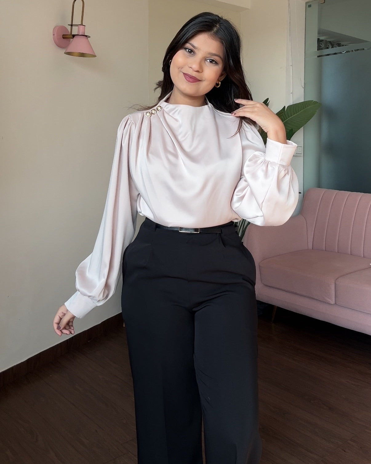 Full Sleeve Golden Button Ruched Shoulder Detailing Top