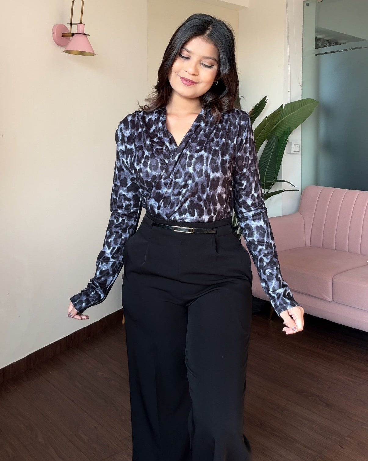 V Neck Wrap Style Full Sleeve Animal Printed Top