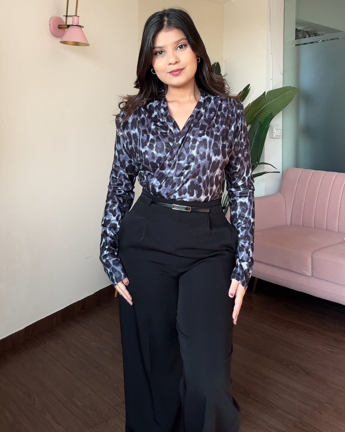 V Neck Wrap Style Full Sleeve Animal Printed Top