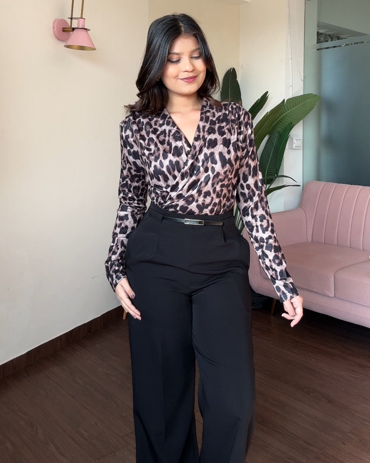 V Neck Wrap Style Full Sleeve Animal Printed Top