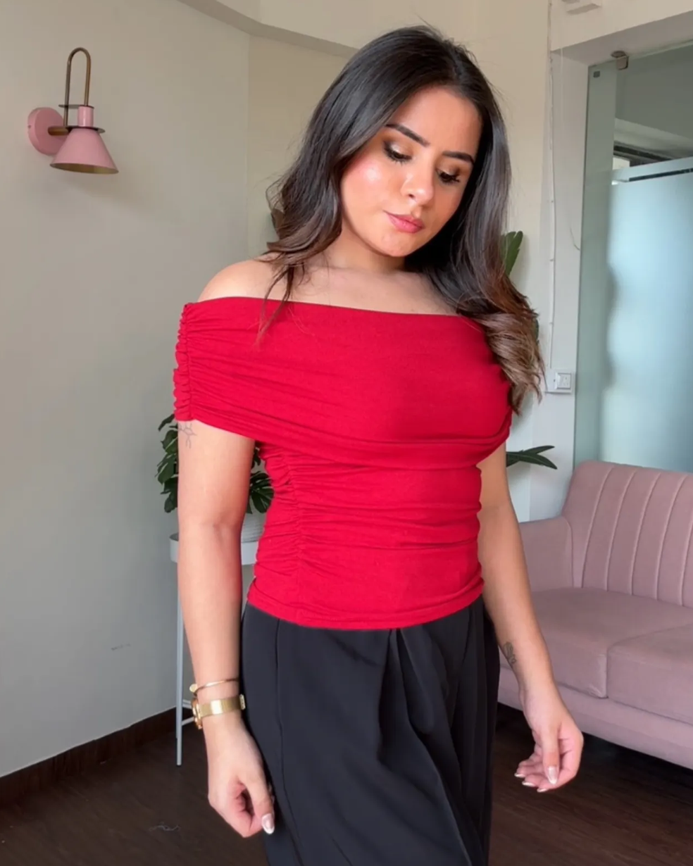 Ruched Solid Offshoulder Top