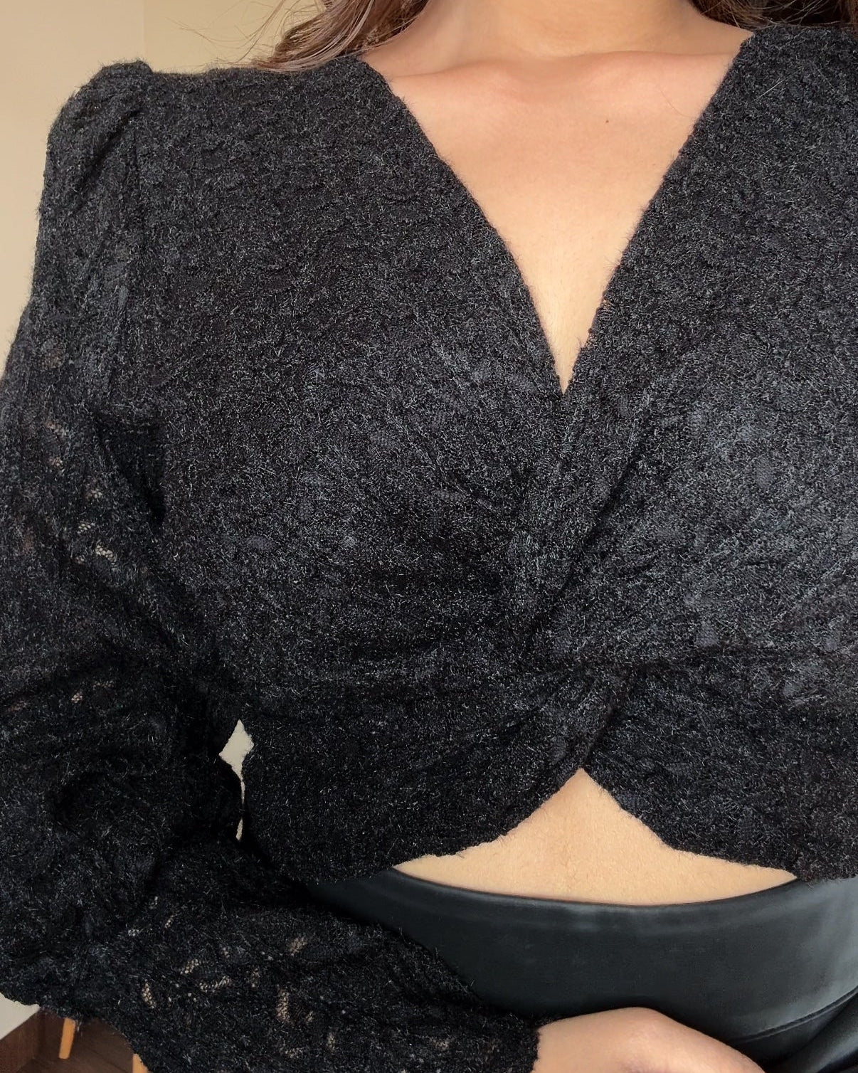 V Neck Knot Detailing Lacy Top