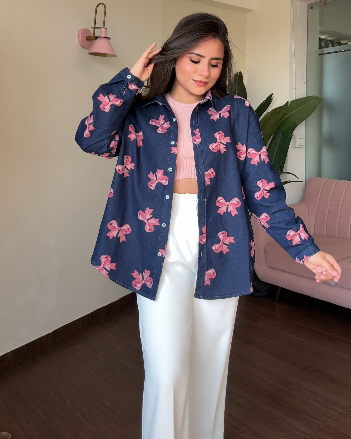 Bow Detailing Denim Shirt