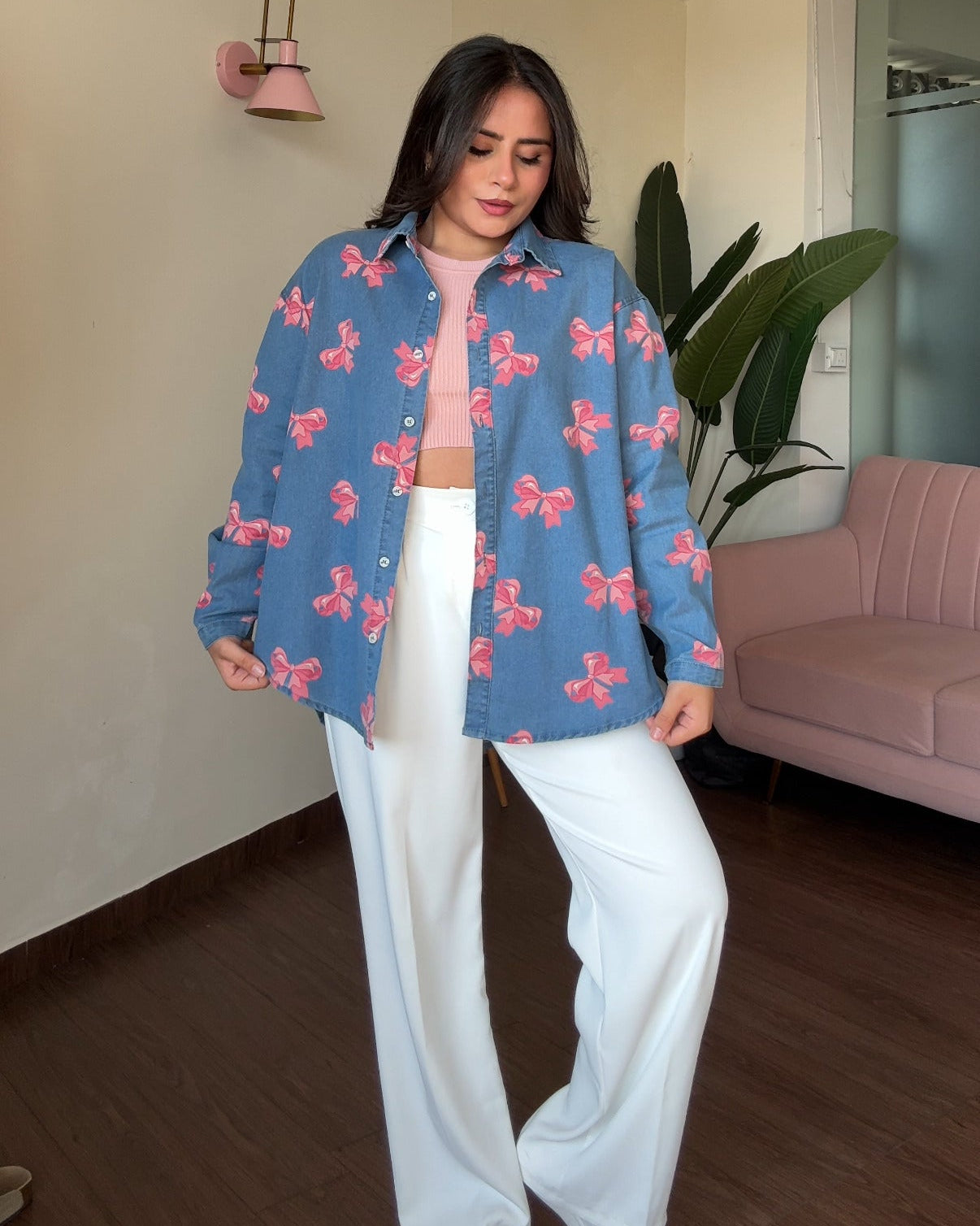 Bow Detailing Denim Shirt