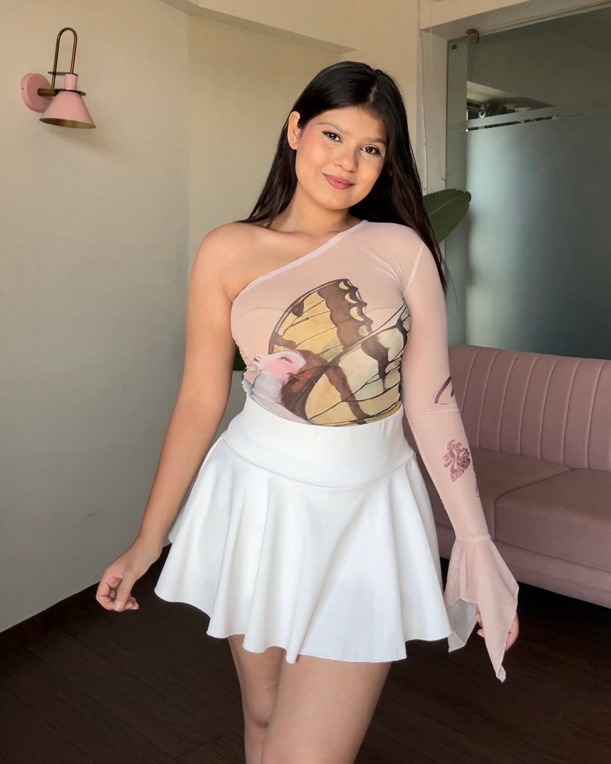 Mesh One Shoulder Butterfly Detailing Top