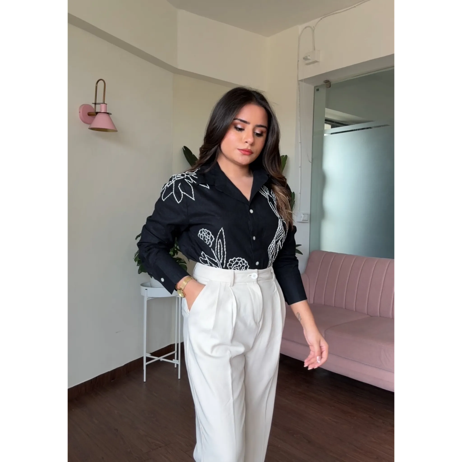 Solid Linen Floral Embroidery Shirt