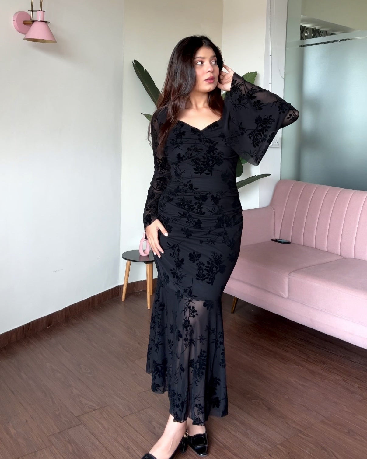 Mesh Bell Sleeves Fit And Flared Midi Dress