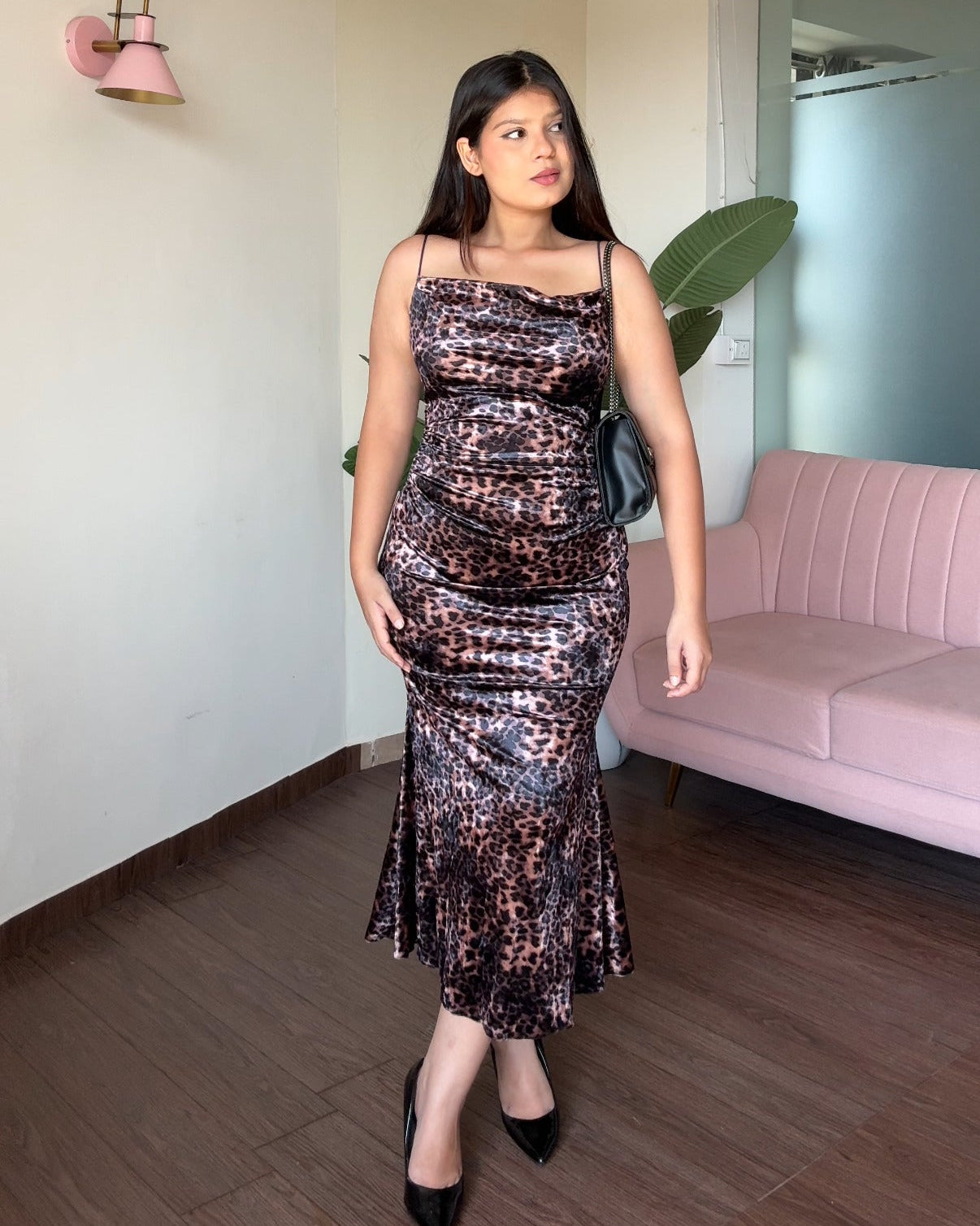 Printed Velvet Fitted Midi Dress
