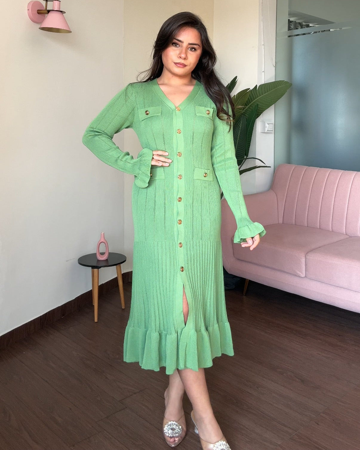 Golden Button Fit And Flared Ruffle Midi Dress