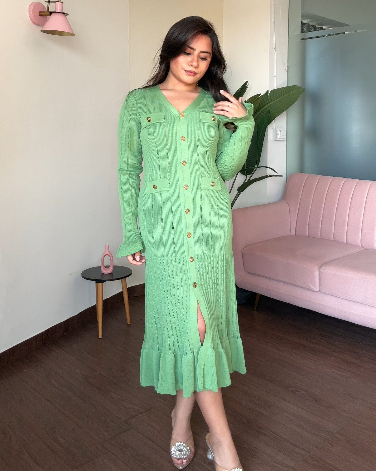 Golden Button Fit And Flared Ruffle Midi Dress