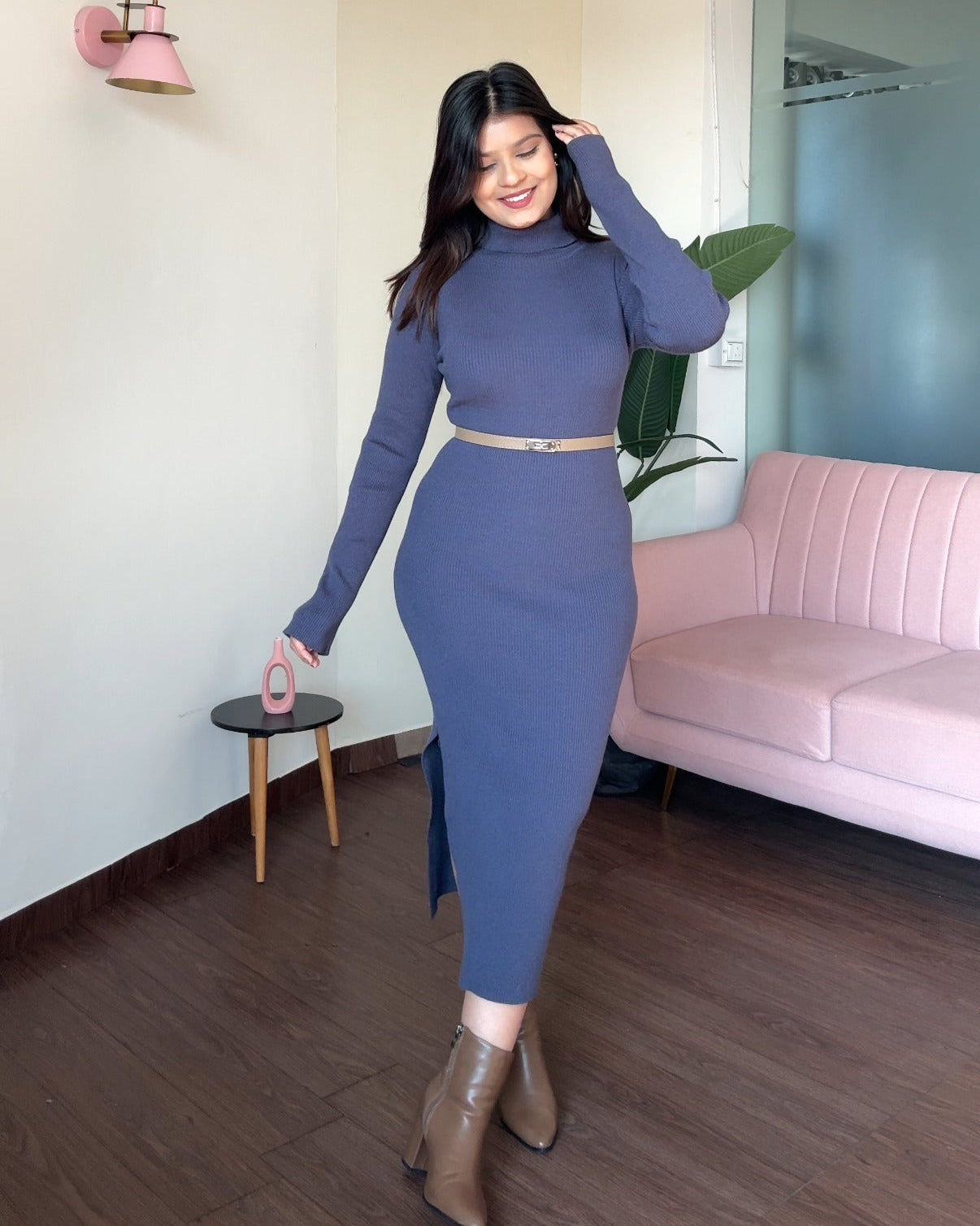 High-Neck Ribbed Knitted Midi Dress With Belt