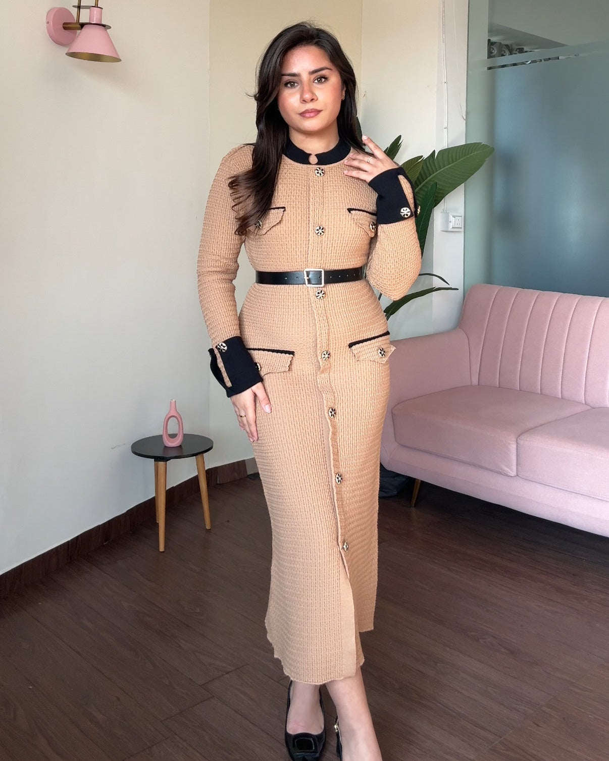 Textured Contrast Detailing Golden Button Midi Dress With Belt