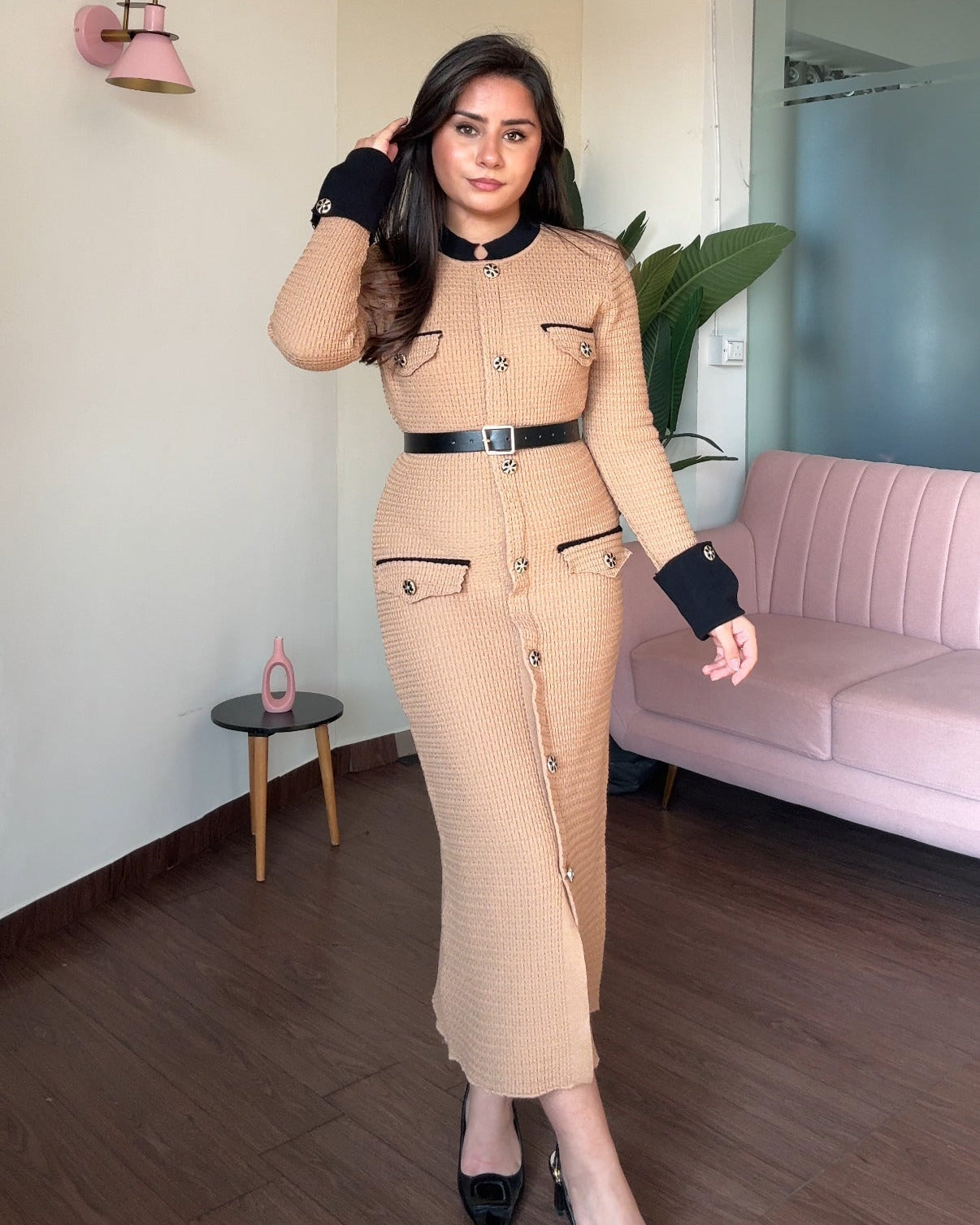 Textured Contrast Detailing Golden Button Midi Dress With Belt