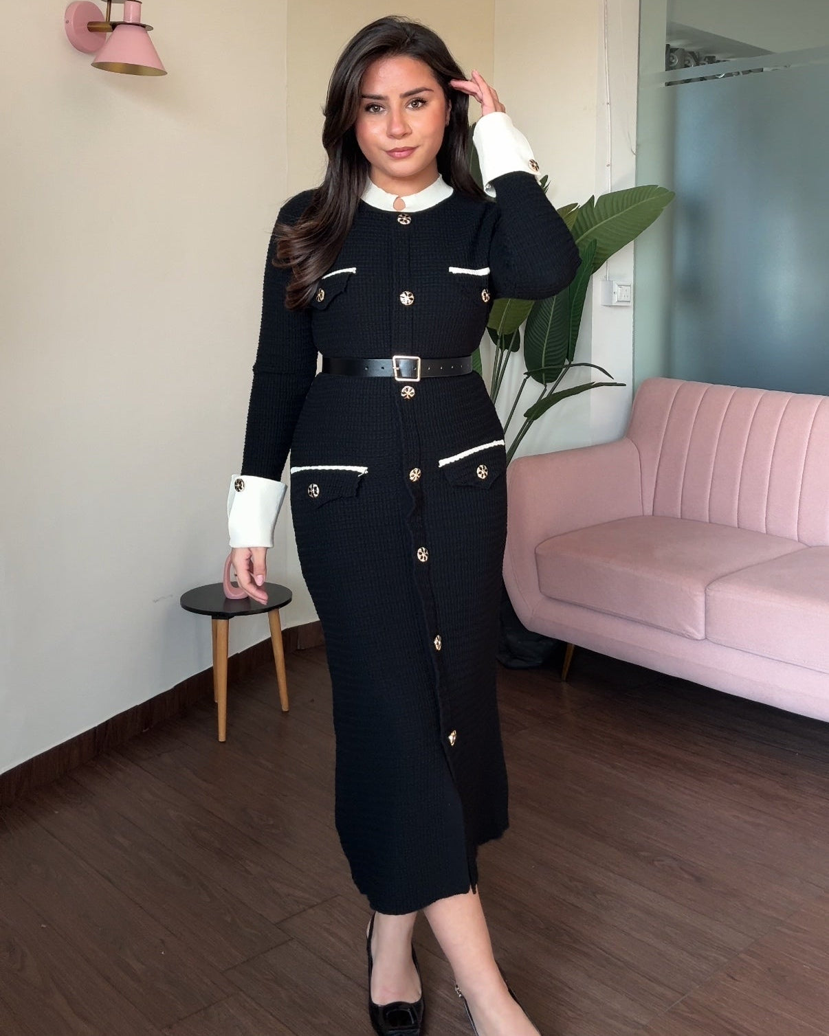 Textured Contrast Detailing Golden Button Midi Dress With Belt