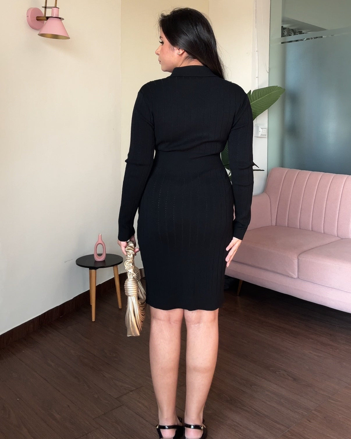 Black V-Neck Golden Button Modest Winter Dress