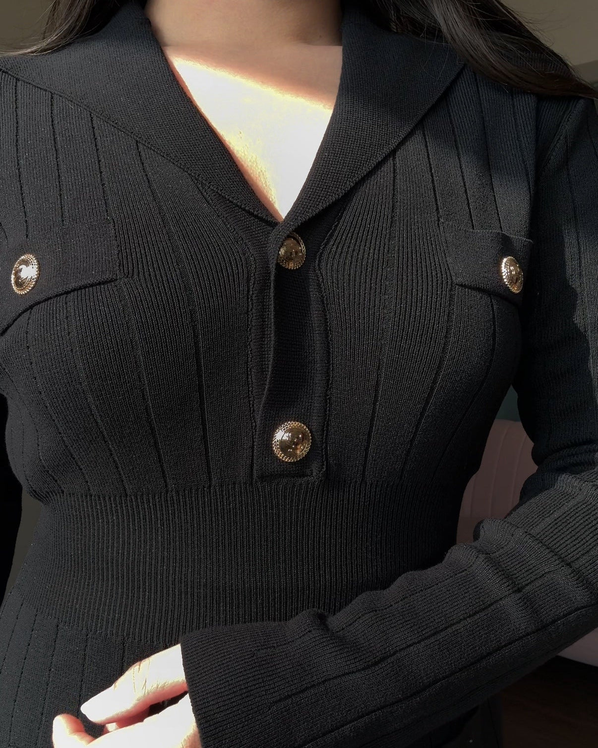 Black V-Neck Golden Button Modest Winter Dress