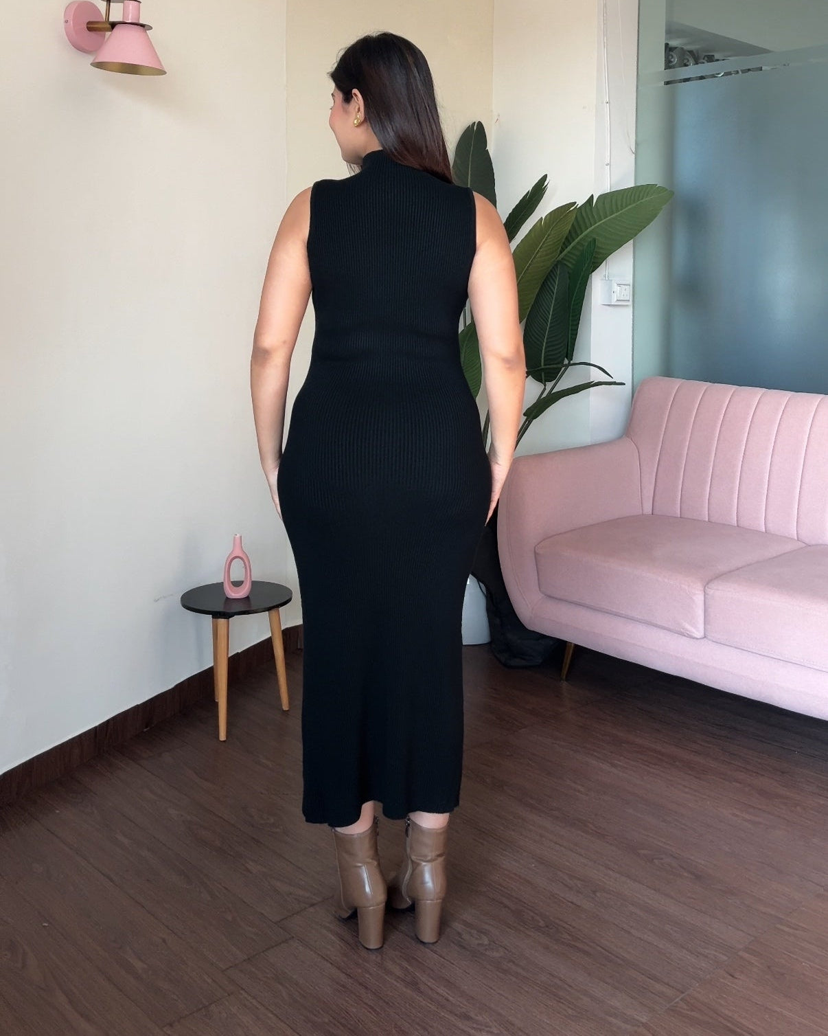 Cut Sleeve High Neck Winter Knitted Midi Dress