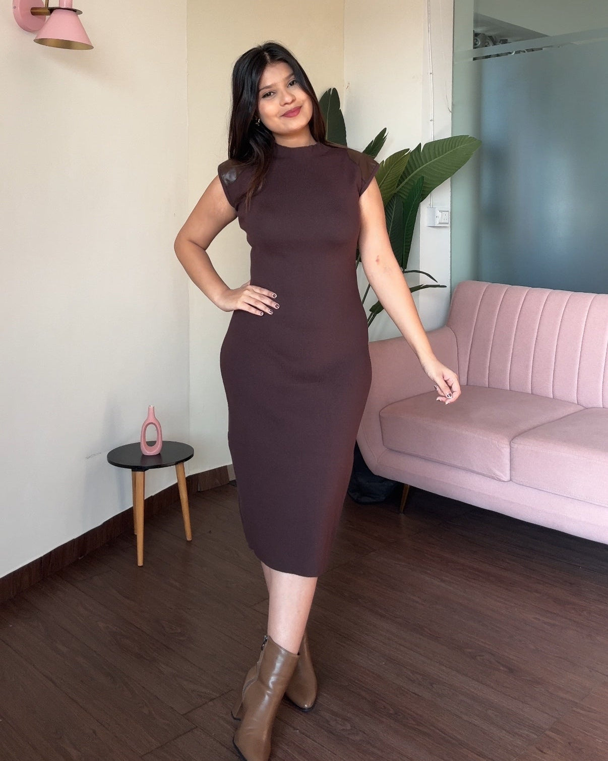 Knitted Midi Dress With Leather Shoulder Detailing