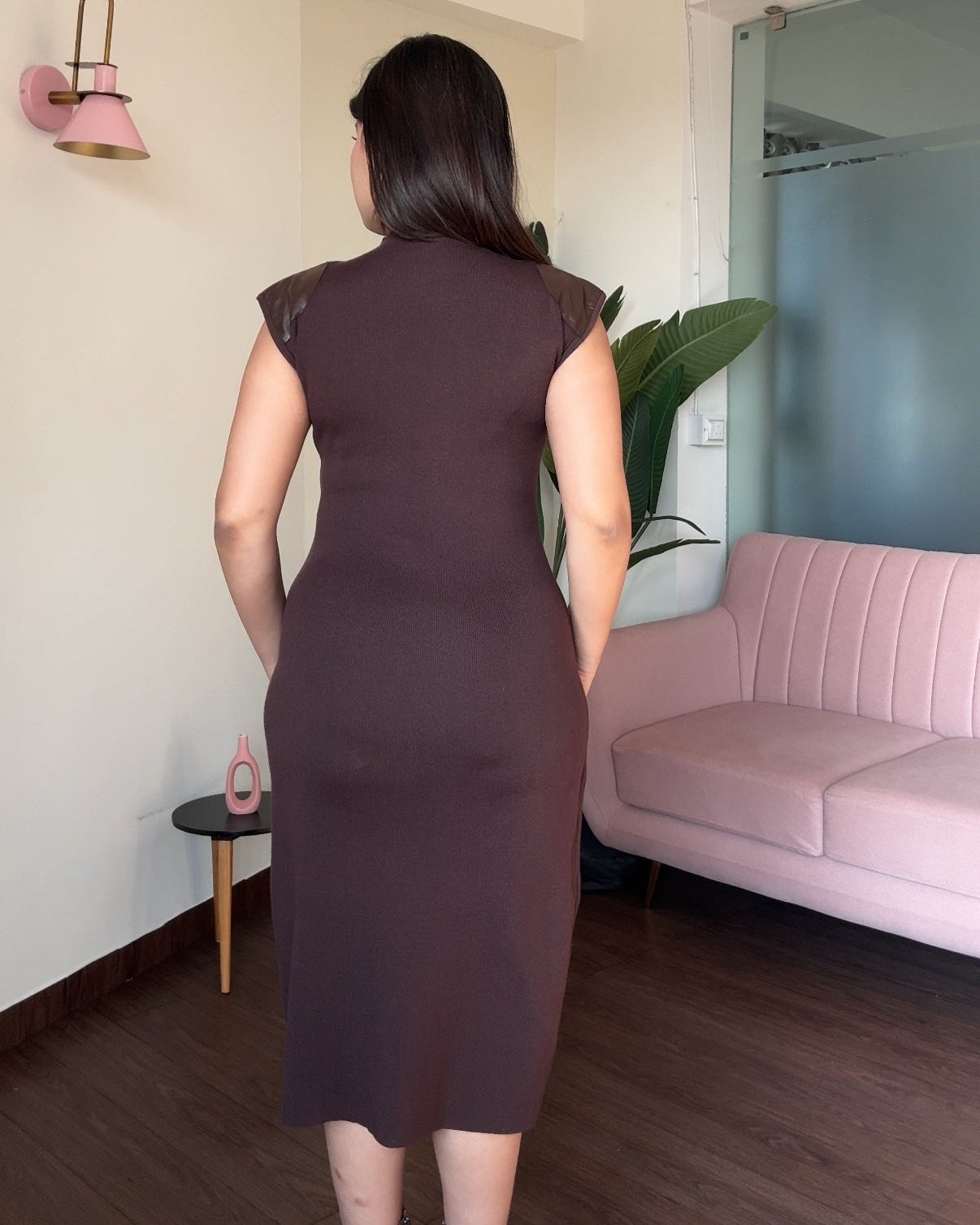 Knitted Midi Dress With Leather Shoulder Detailing